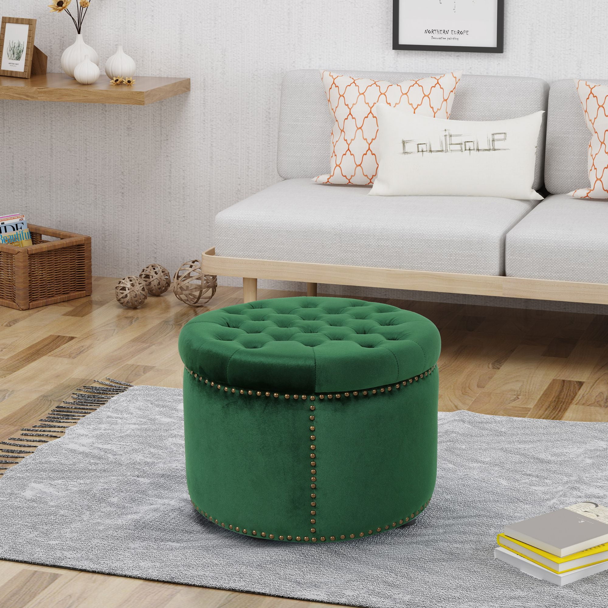 22" Emerald Green and Black Contemporary Round Tufted Ottoman - Image 5