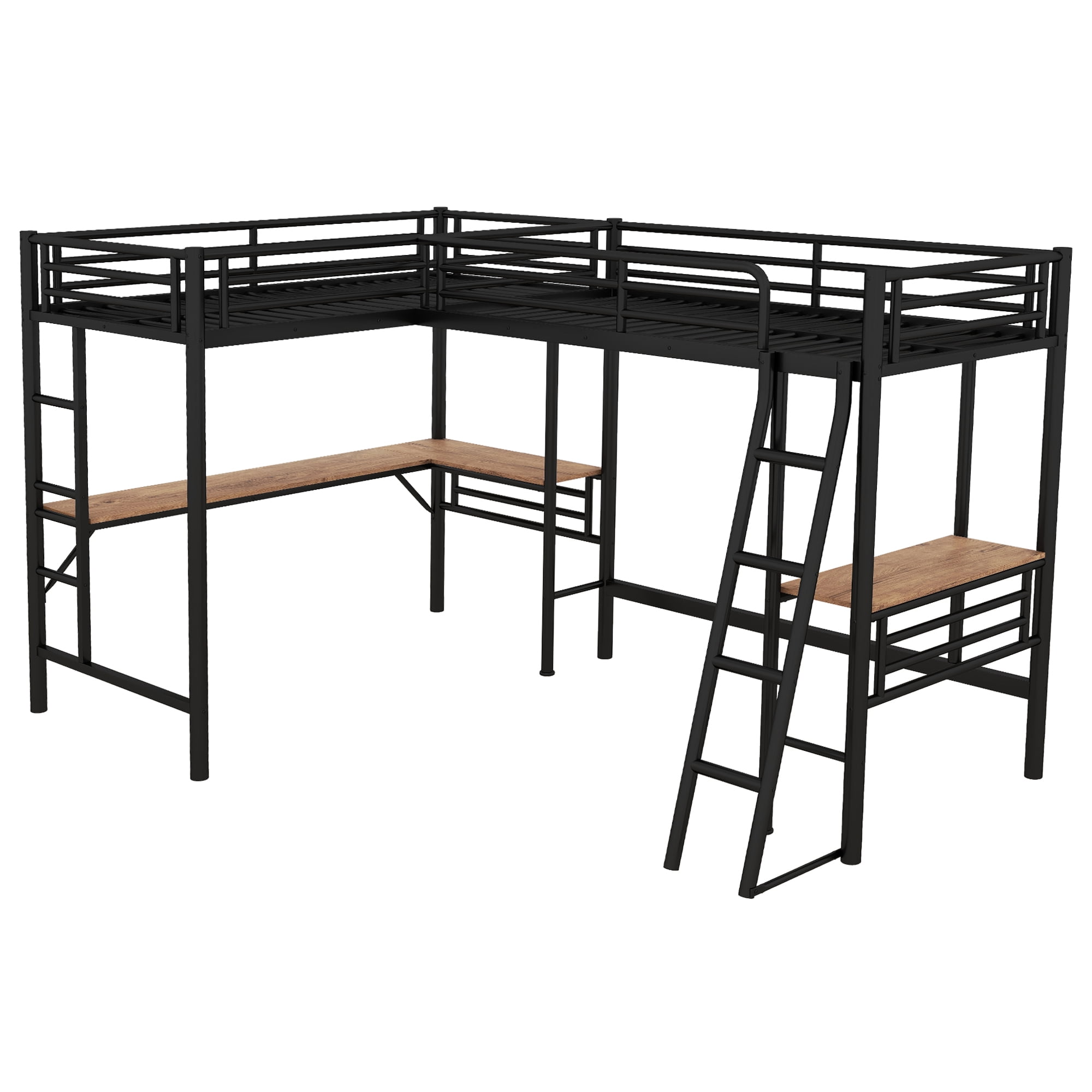 Euroco Metal L-Shaped Twin Size Loft Bed with Two Desk for Kids Teens Bedroom, Black - Image 4