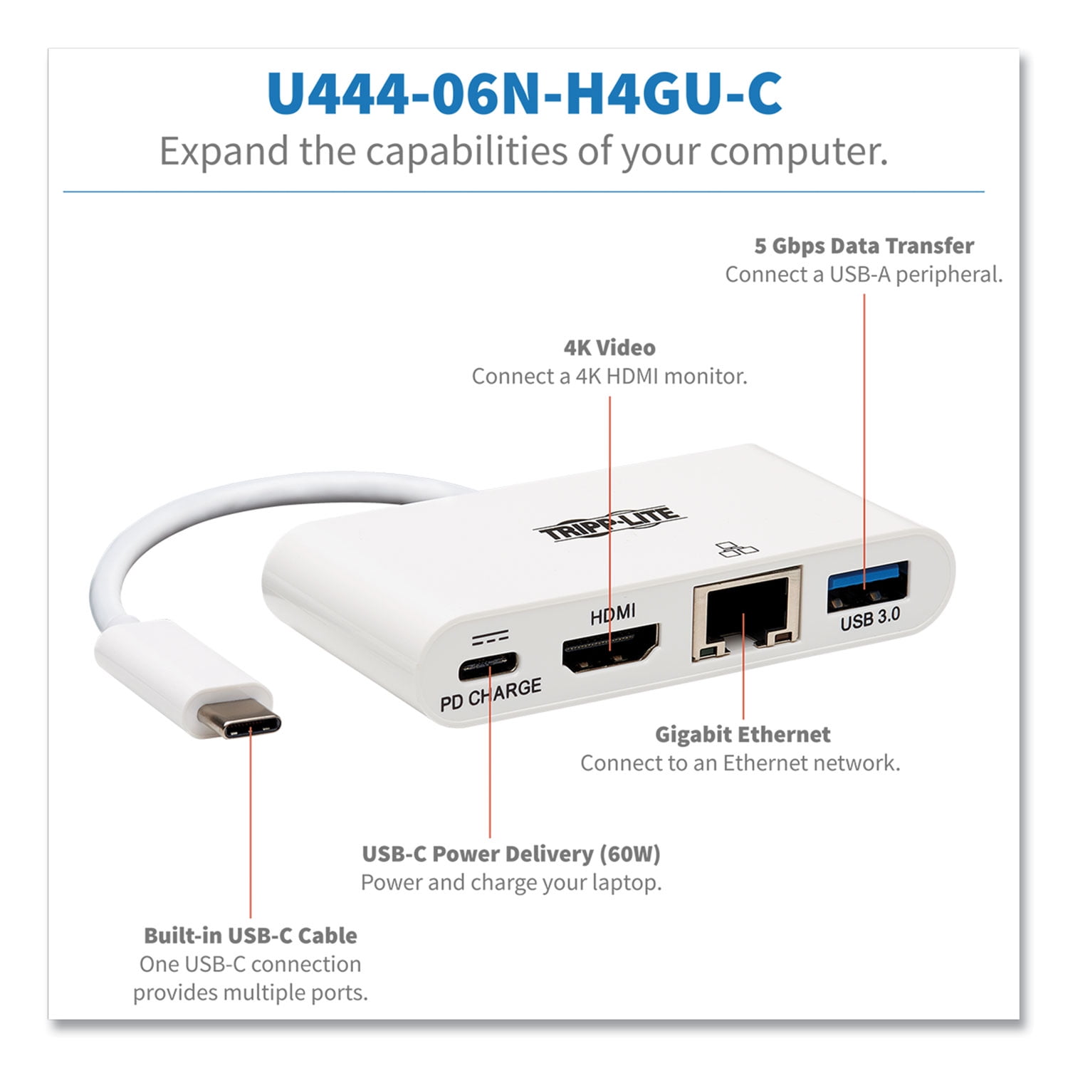 Tripp Lite USB 3.1 Gen 1 USB-C to HDMI External Video Adapter with USB-A Hub - Image 6