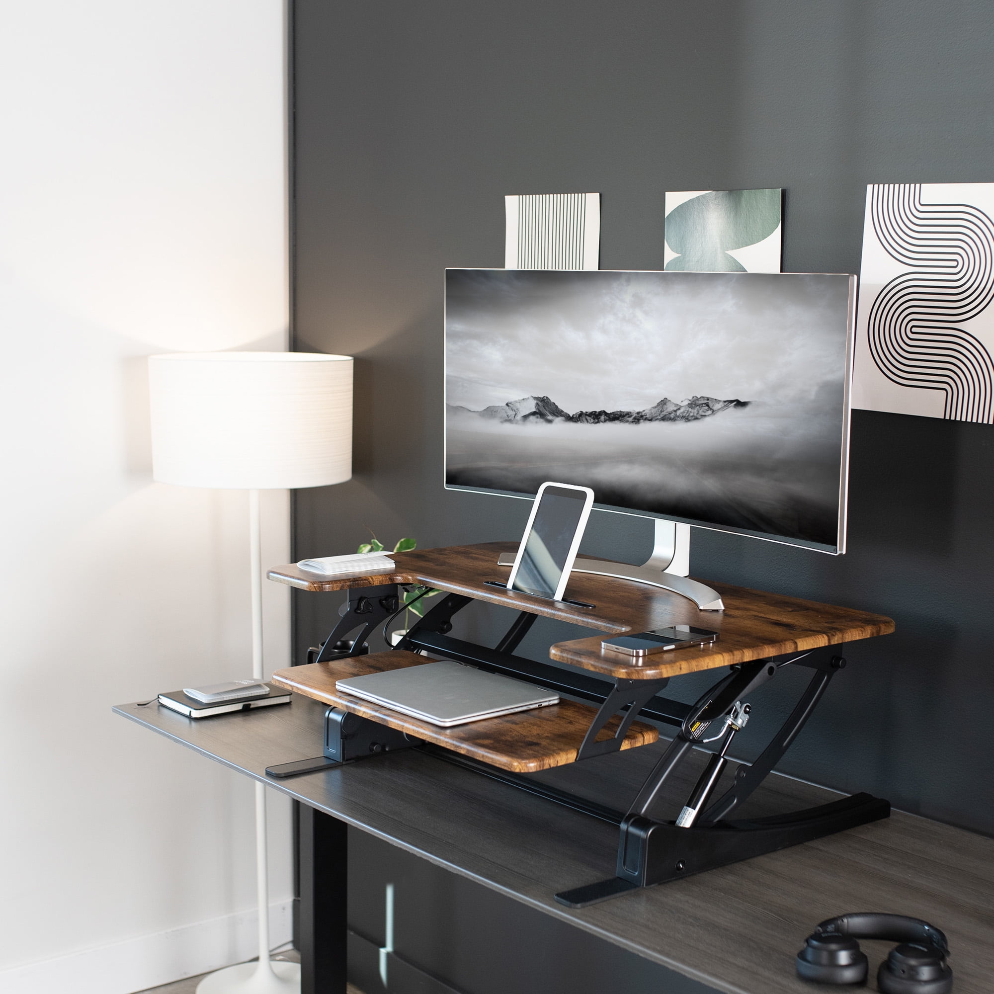 VIVO Rustic Vintage Brown Standing Desk Riser, Tabletop Sit-Stand, Black Frame - Image 5