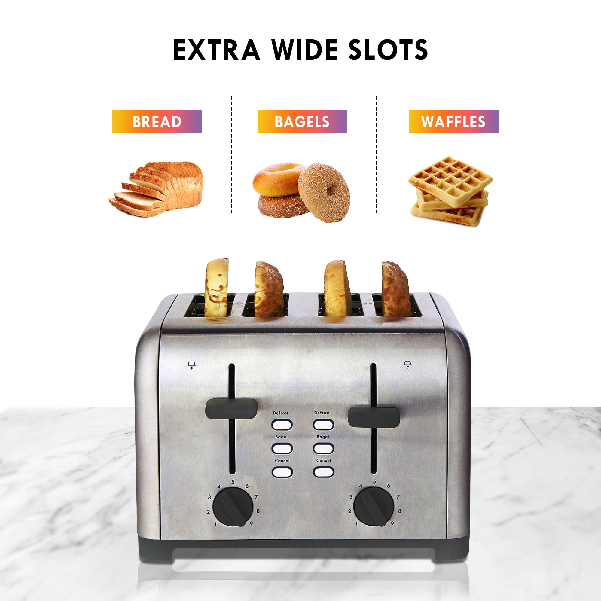 Kenmore 4-Slice Toaster Stainless Steel Dual Controls Wide Slot Defrost & Bagel Functions 9 Shade Settings - Image 6