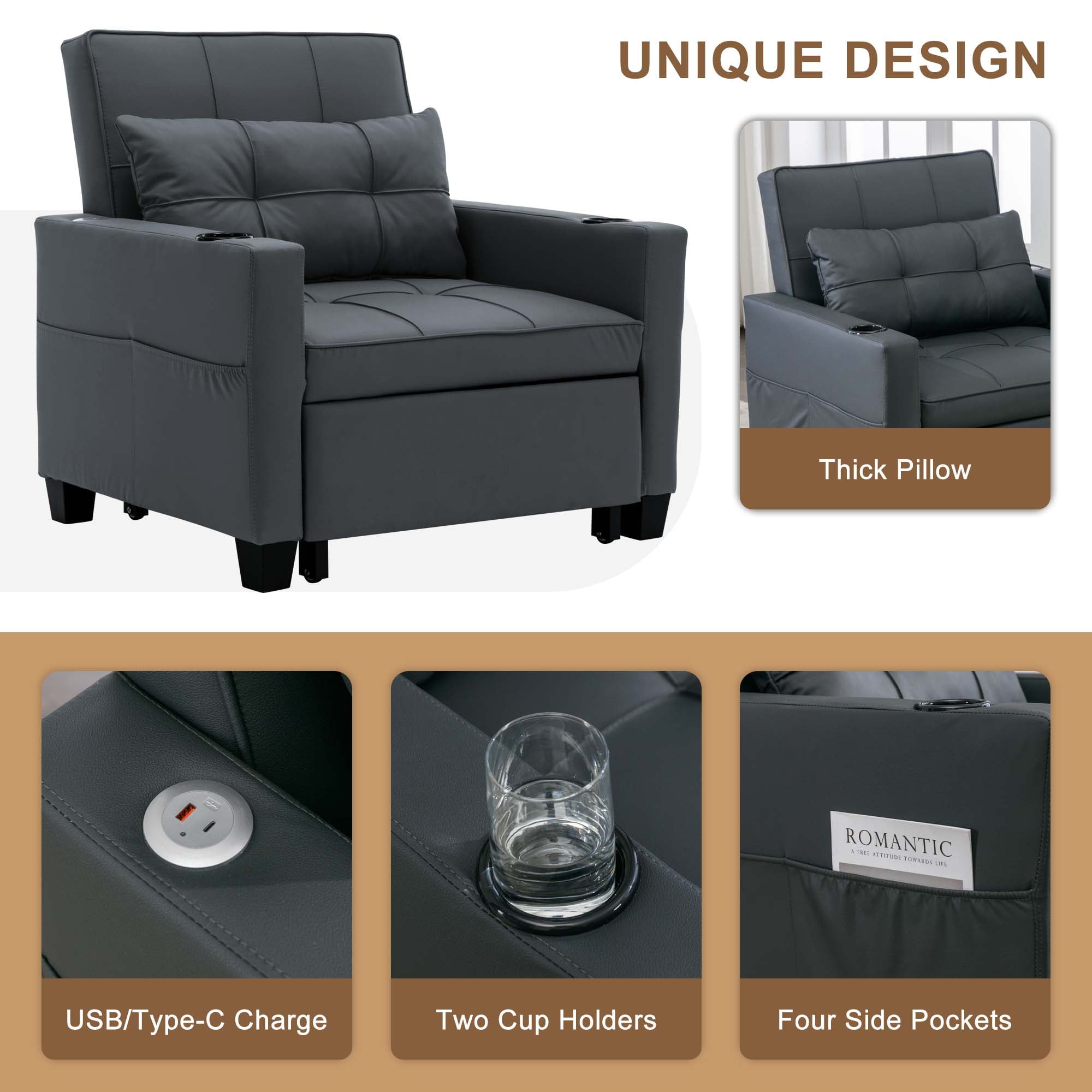 Aukfa Futon Convertible Sleeper Sofa Chair with USB Ports Cup Holders for Living Room, Dark Gray - Image 8