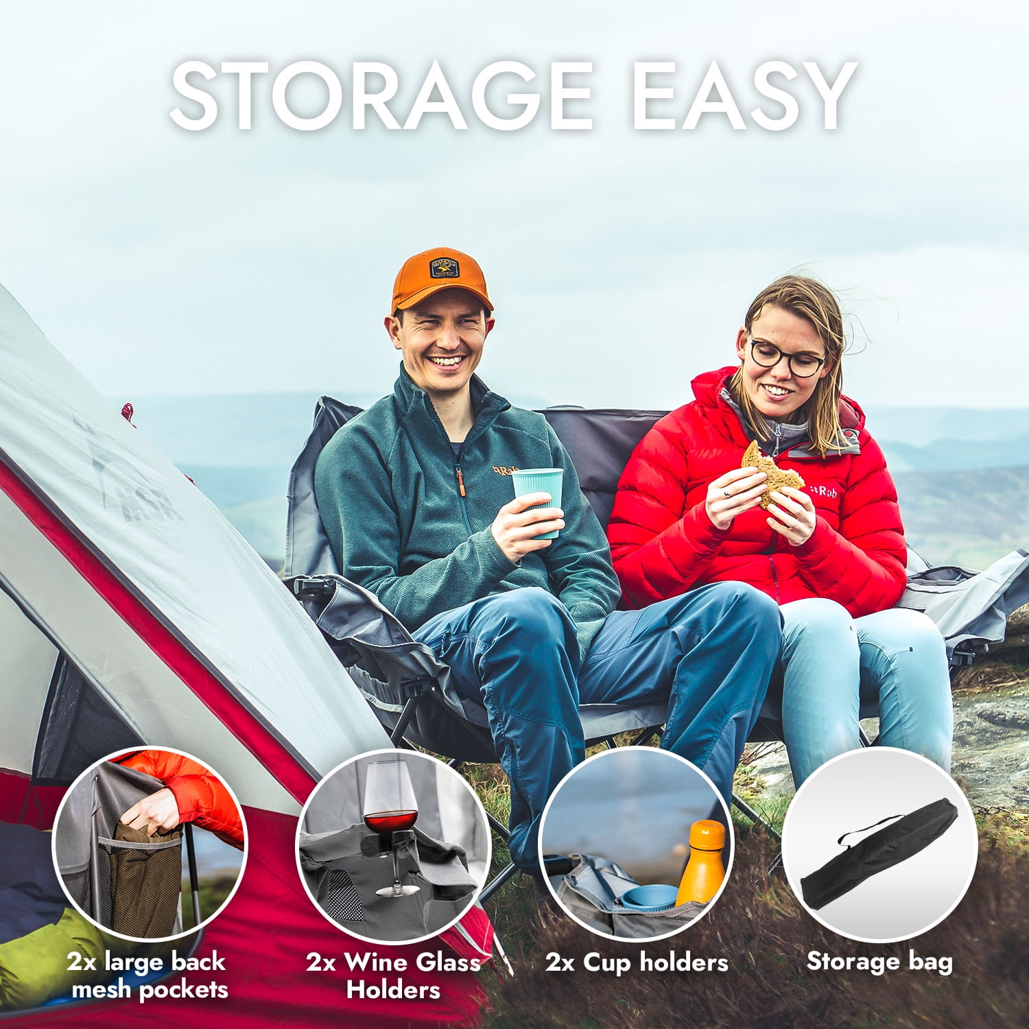 Dowinx Double Camping Chair Loveseat, Portable Folding Outdoor Lawn Chair with Padded Seats, Armrests, Side Pockets, 440lbs Capacity for Beach, Patio, Picnic - Gray PRO - Image 4