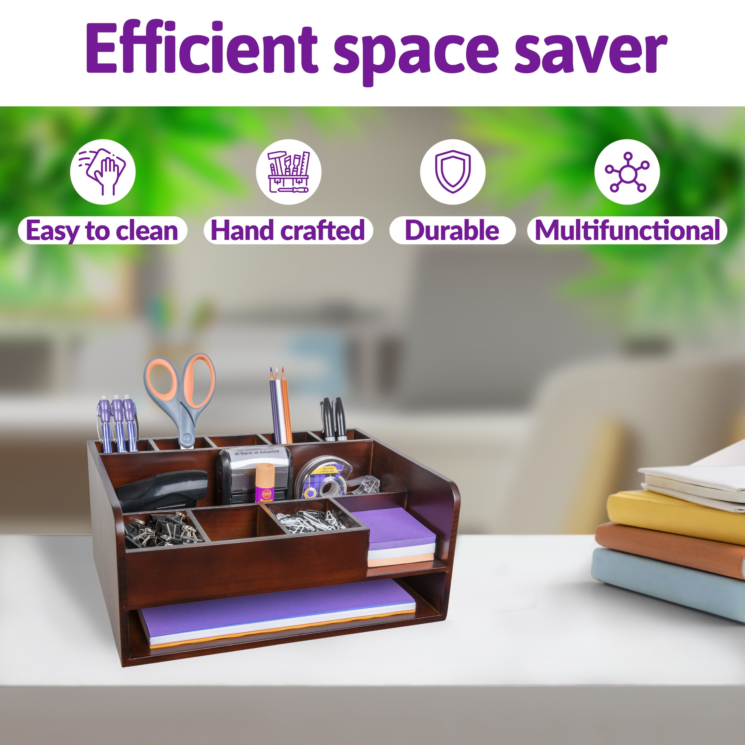 MissionMax Brown Desk Organizer with File Tray and Compartments for Stationary Supplies - Image 3