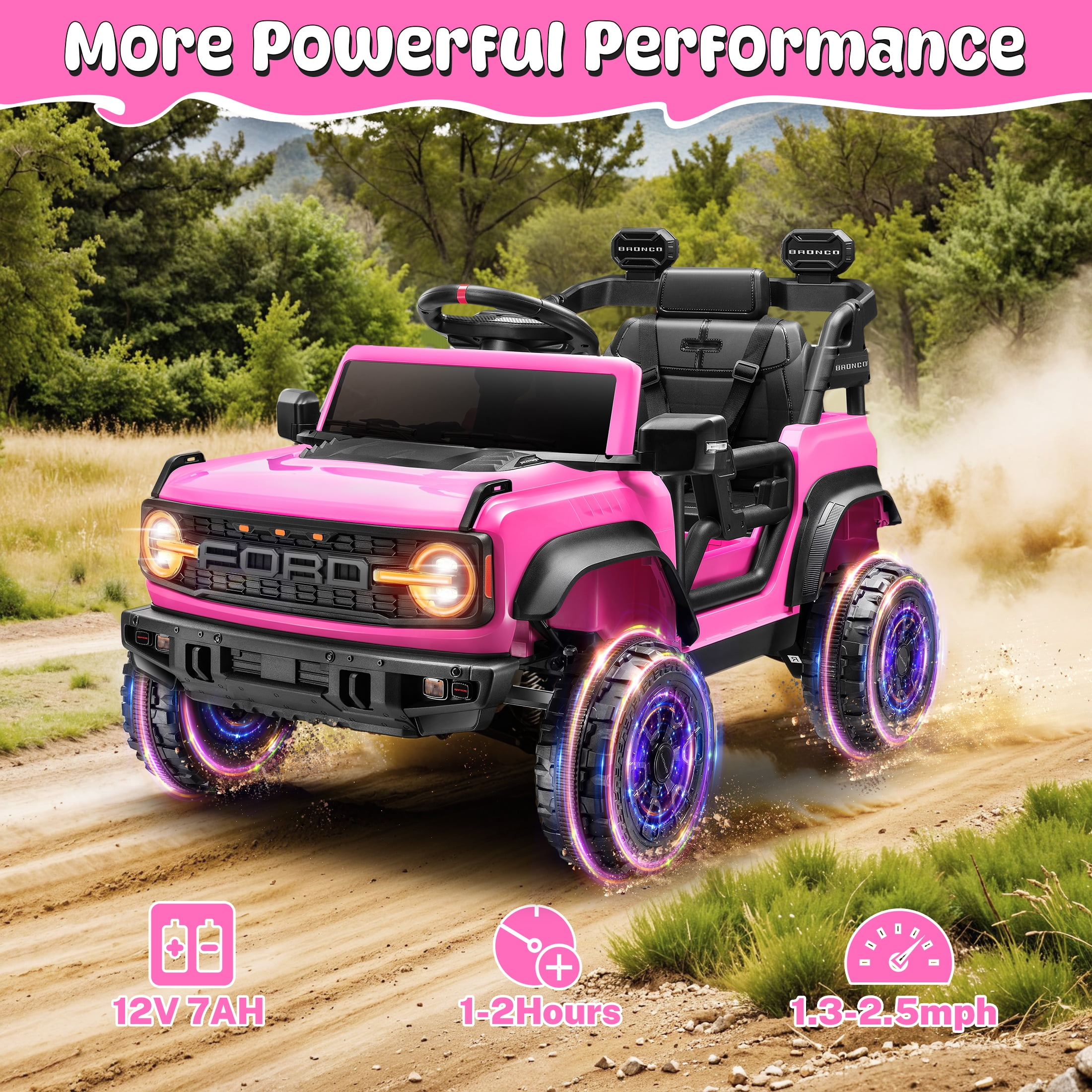 iYofe Ford Bronco Raptor Electric Ride on Toy Car for Toddler Kids, 12V Battery Powered Ride on Cars w/Remote Control, Bluetooth & Lights, Pink - Image 4