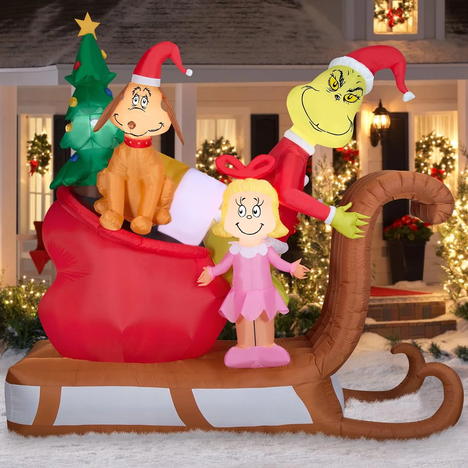9 Ft Wide Grinch with Max and Cindy Lou on Sleigh Christmas Inflatable - Image 3