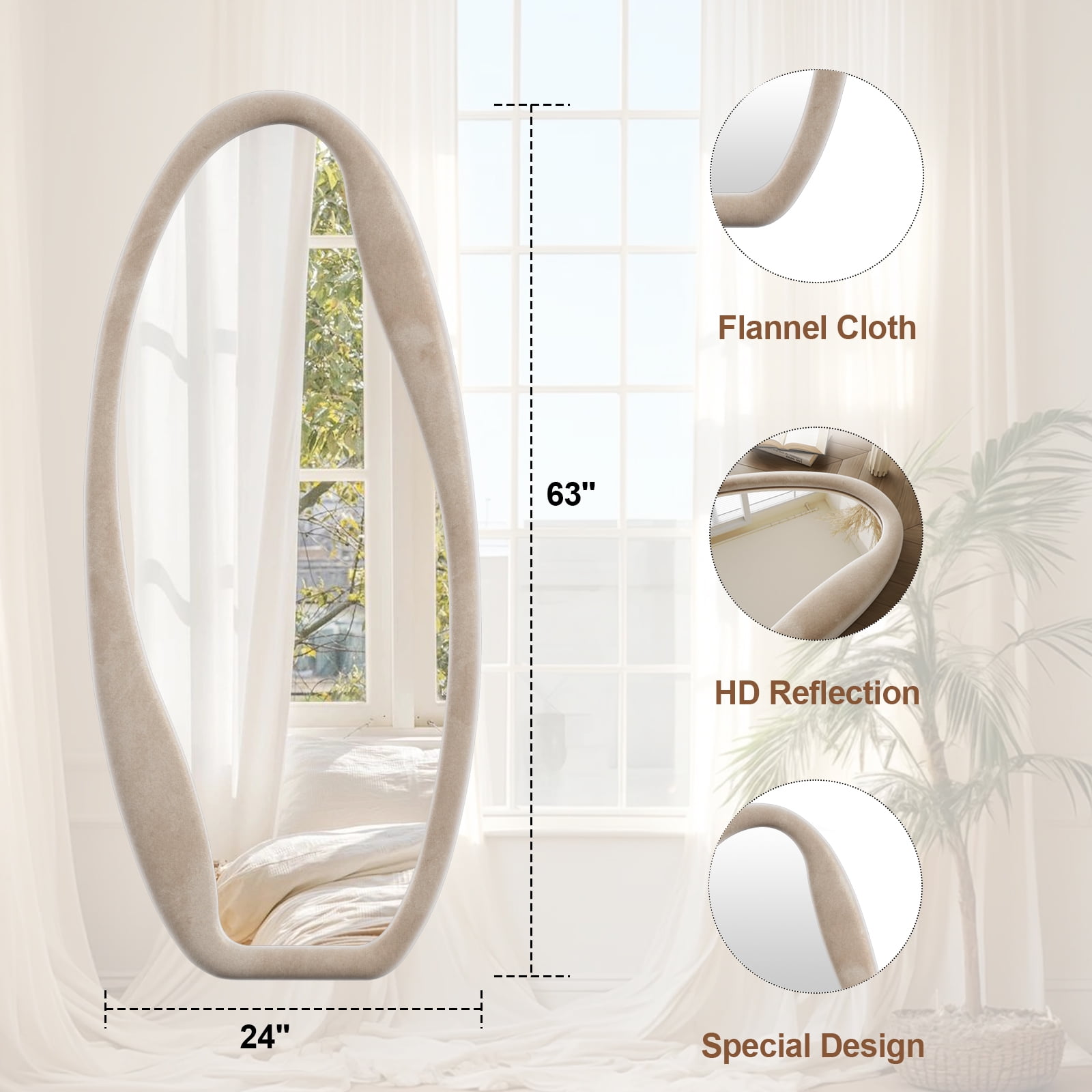 Anyrose 63"x24" Irregular Full Length Mirror Wavy Floor Mirror With Flannel Frame, White - Image 6