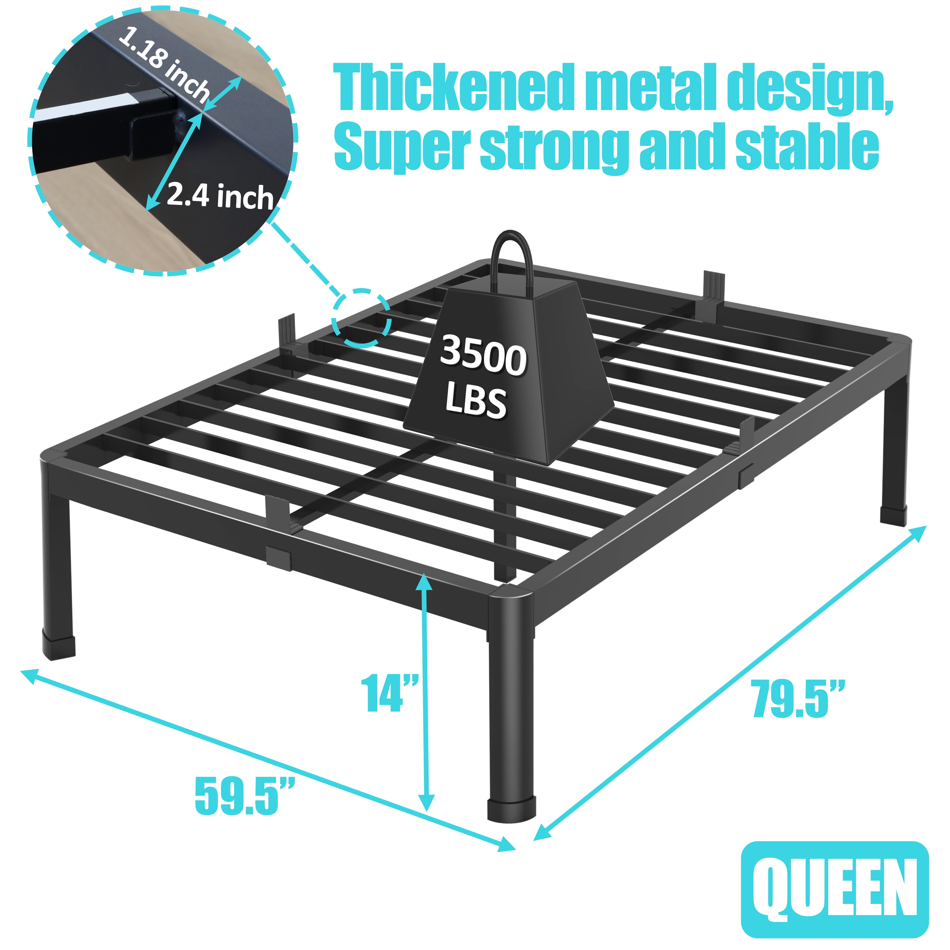 Yitong angel 14 inch queen bed frame with round corner edge, Heavy duty metal platform queen Size, No Box Spring Needed,Black - Image 3