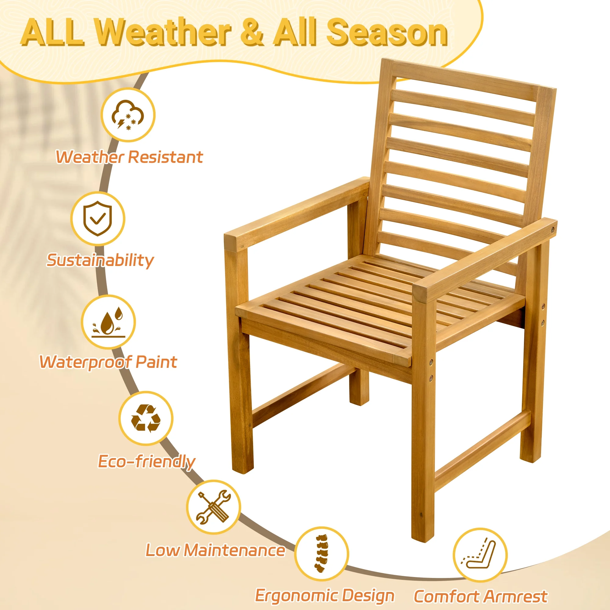 TrumanPick Set of 2 Outdoor Patio Dining Chairs, Waterproof Acacia Wood Armrest Chairs, Teak - Image 5