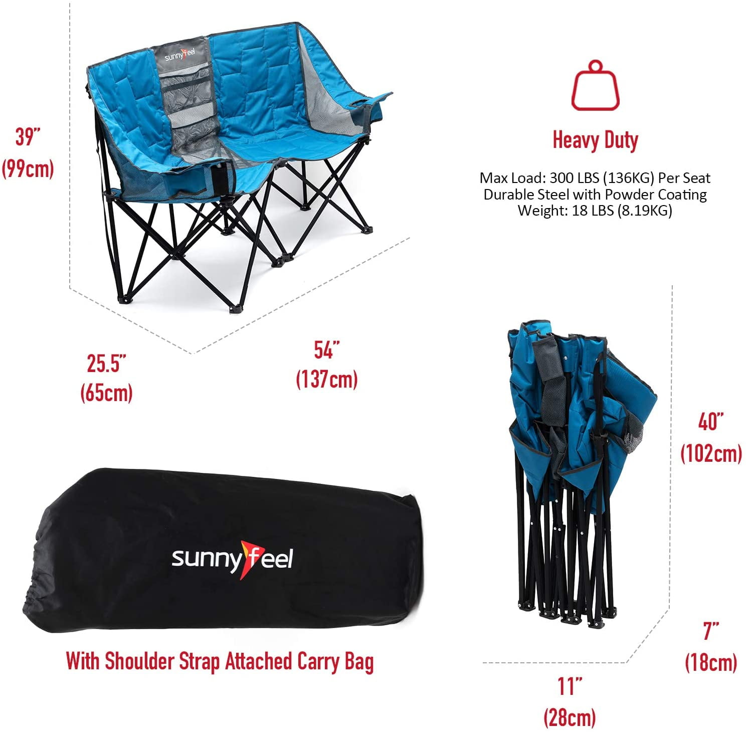 Sunnyfeel Heavy Duty Double Camping Chair Folding Loveseat with Mesh Storage, Comfortable for 2 Person, Blue - Image 7