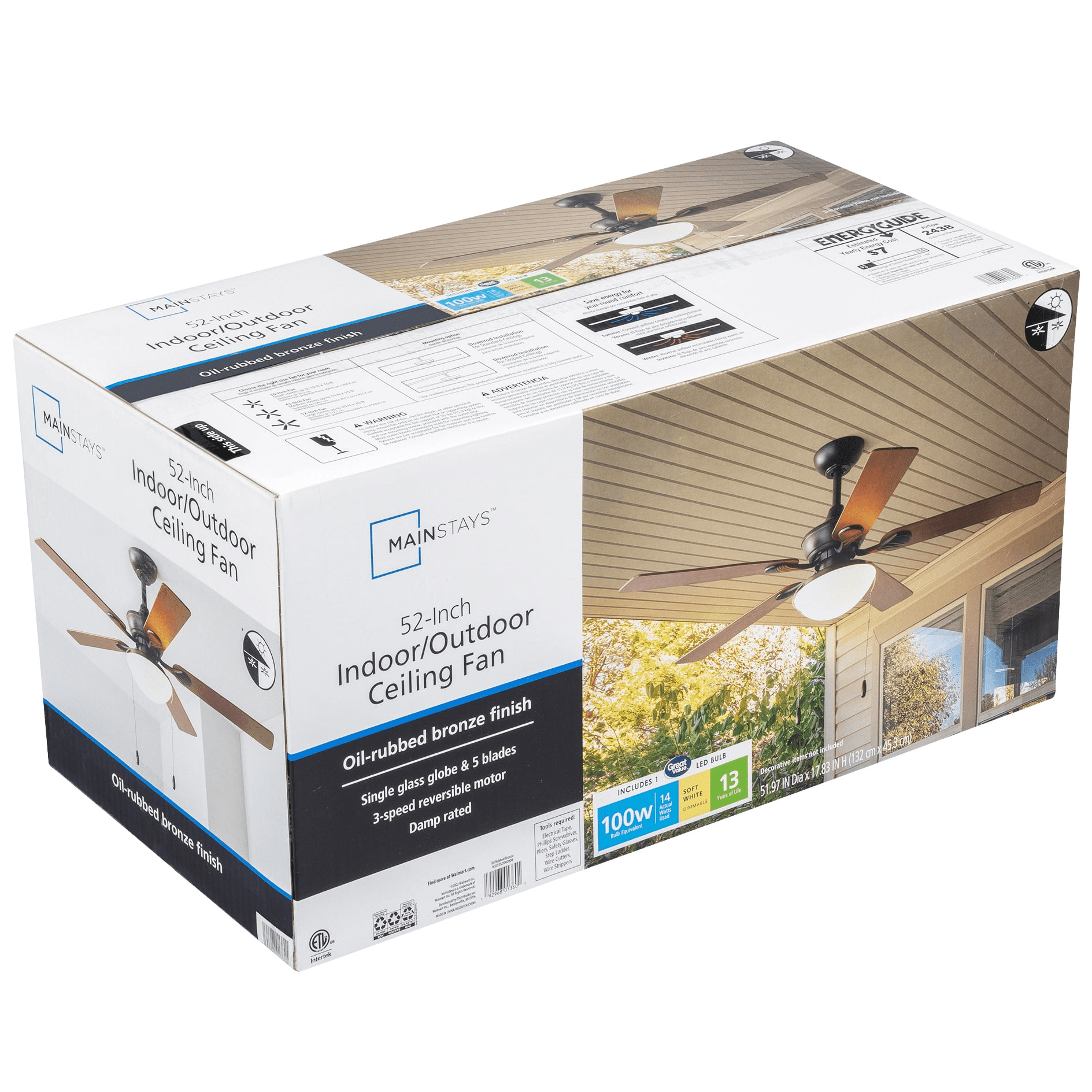 Mainstays 52" Indoor/Outdoor Oil Rubbed Bronze 5 Blade Reverse Airflow Ceiling Fan, 1 LED Bulb - Image 4