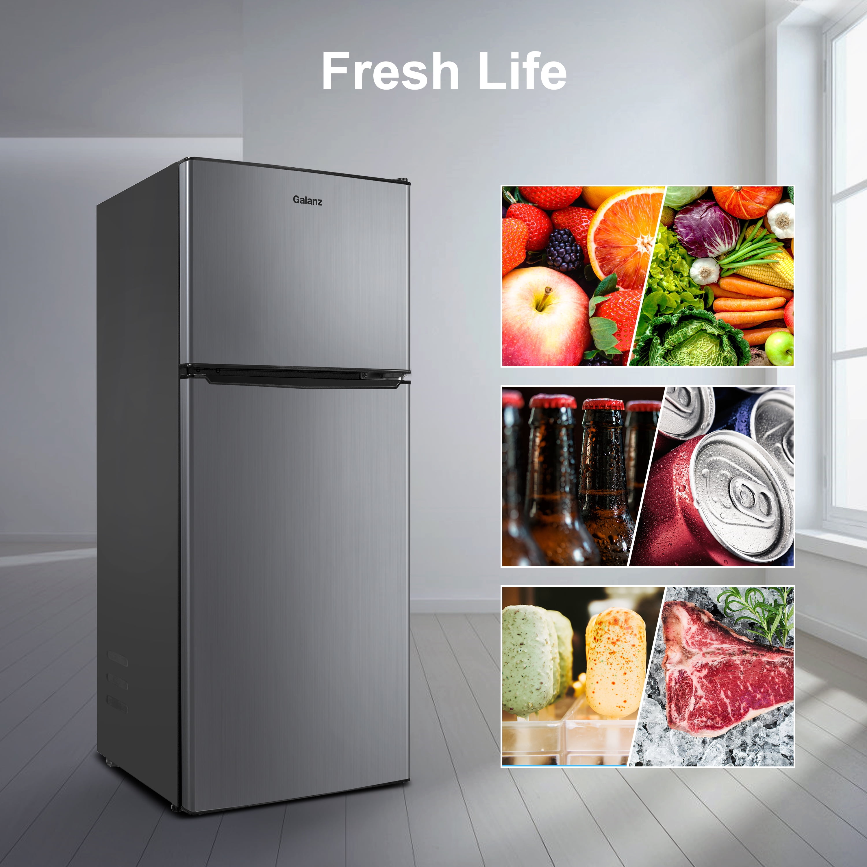 Galanz 4.6. Cu ft Two Door Mini Refrigerator with Freezer, Stainless Steel, New, Width 19.13" - Image 4