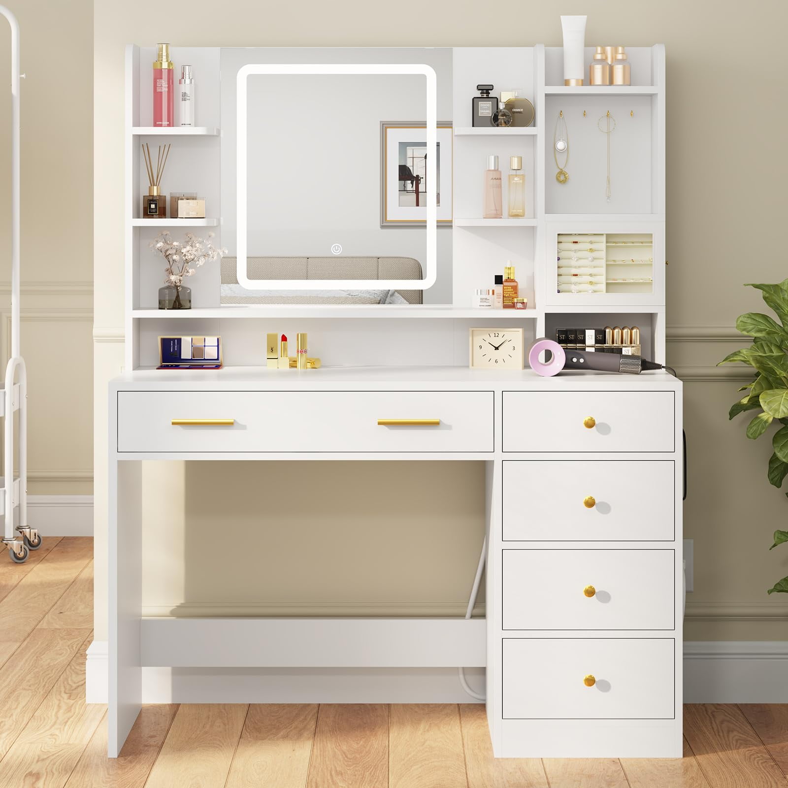 Afuhokles Vanity Desk with Lighted Mirror and Power Outlet, 6 Drawers Makeup Vanity Table with Jewelry Box, 8 Open Shelves, White - Image 6