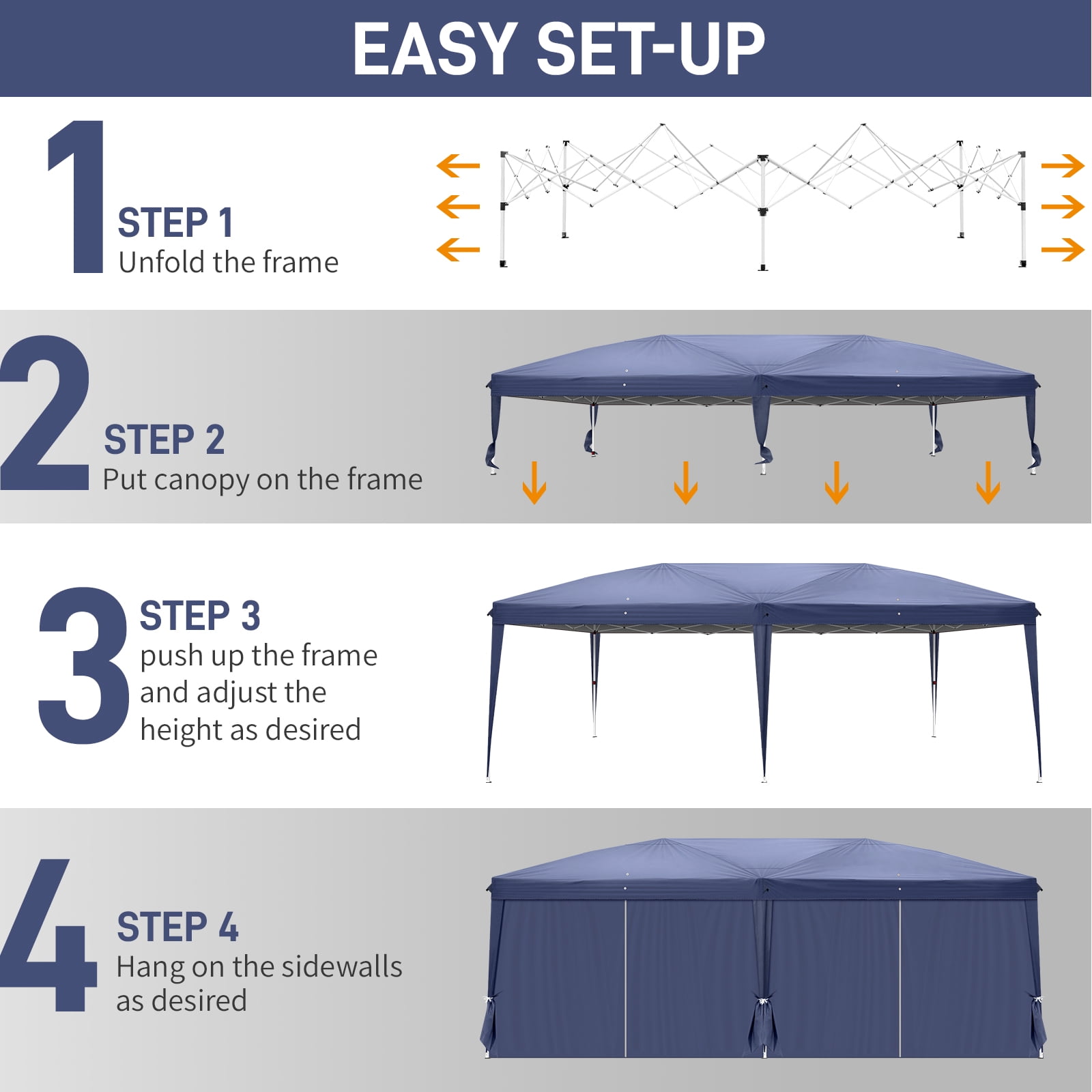 UBesGoo Ez Pop Up Patio Canopy Tent Gazebo Outdoor Party with 6 Sidewalls 10 x 20 ft Blue - Image 8