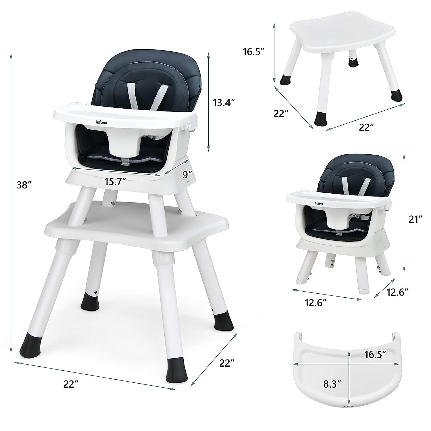 OLAKIDS 8 in 1 Baby High Chair, Convertible Highchair for Babies and Toddlers, Infant Dining Booster Seat, Building Block Table, Kids Stool Table Chair Set with Removable Tray (Black) - Image 3