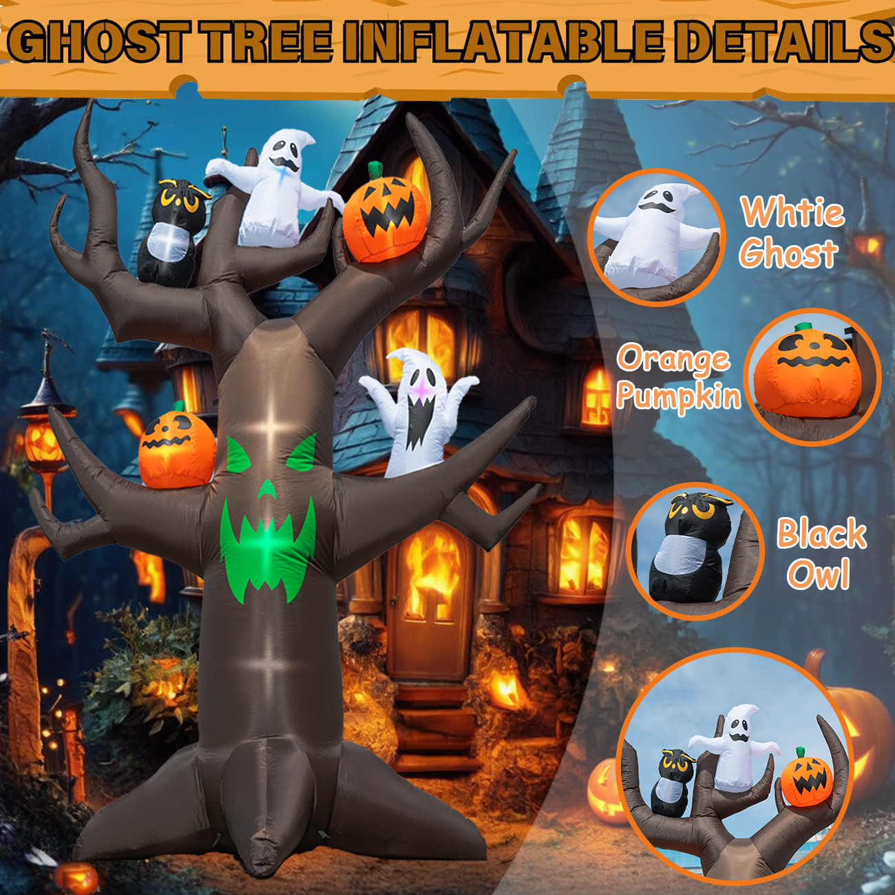 Husfou 9ft Halloween Inflatable Tree Decoration with pumpkin, Ghost, Owl, Blow up Yard Inflatables with Built-in LEDs for Garden Lawn Indoor Party Decor - Image 5