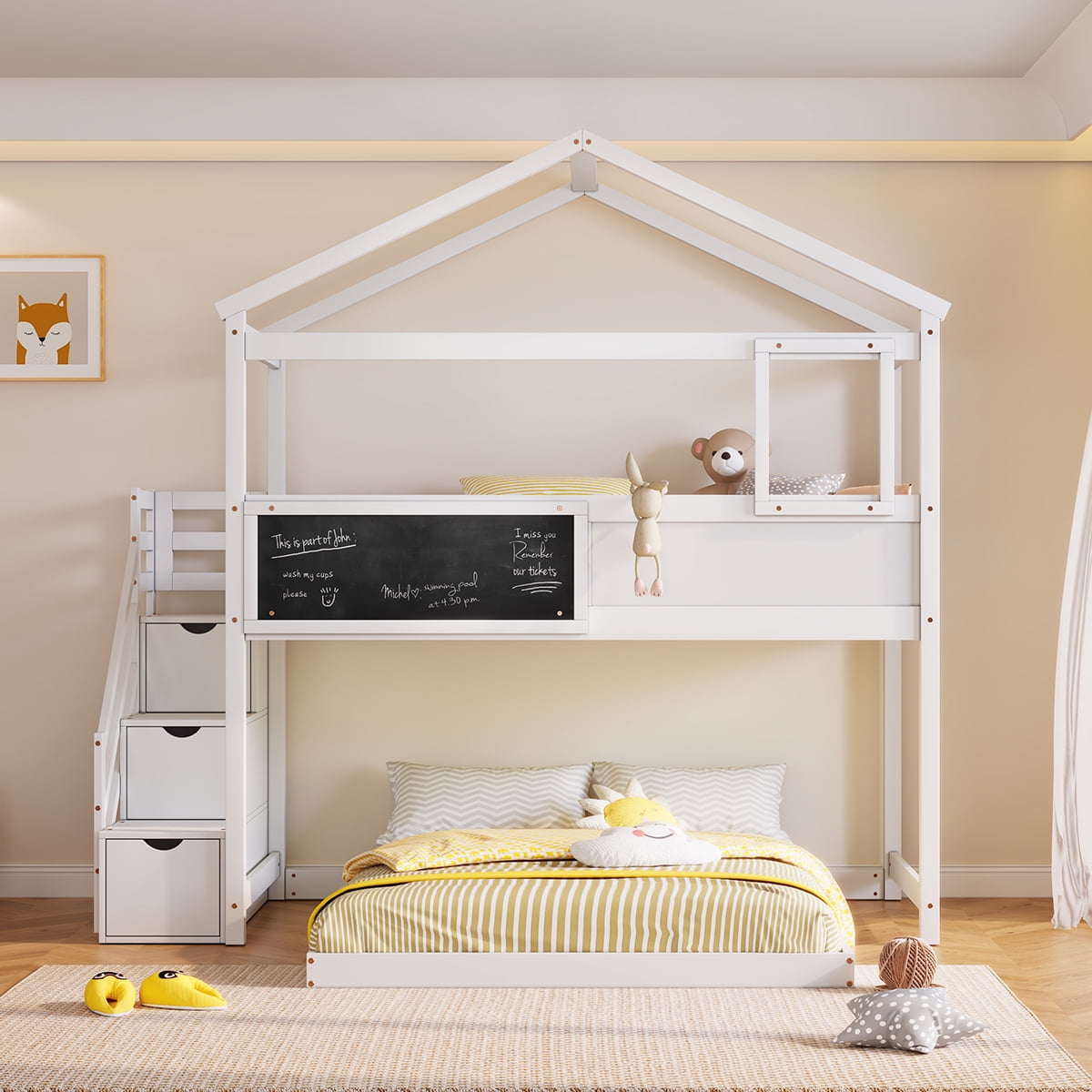 Euroco Twin over Full House Bunk Bed with Storage Staircase and Writting Blackboard for Kids Teens Bedroom, Moverable Lower Bed, White - Image 15