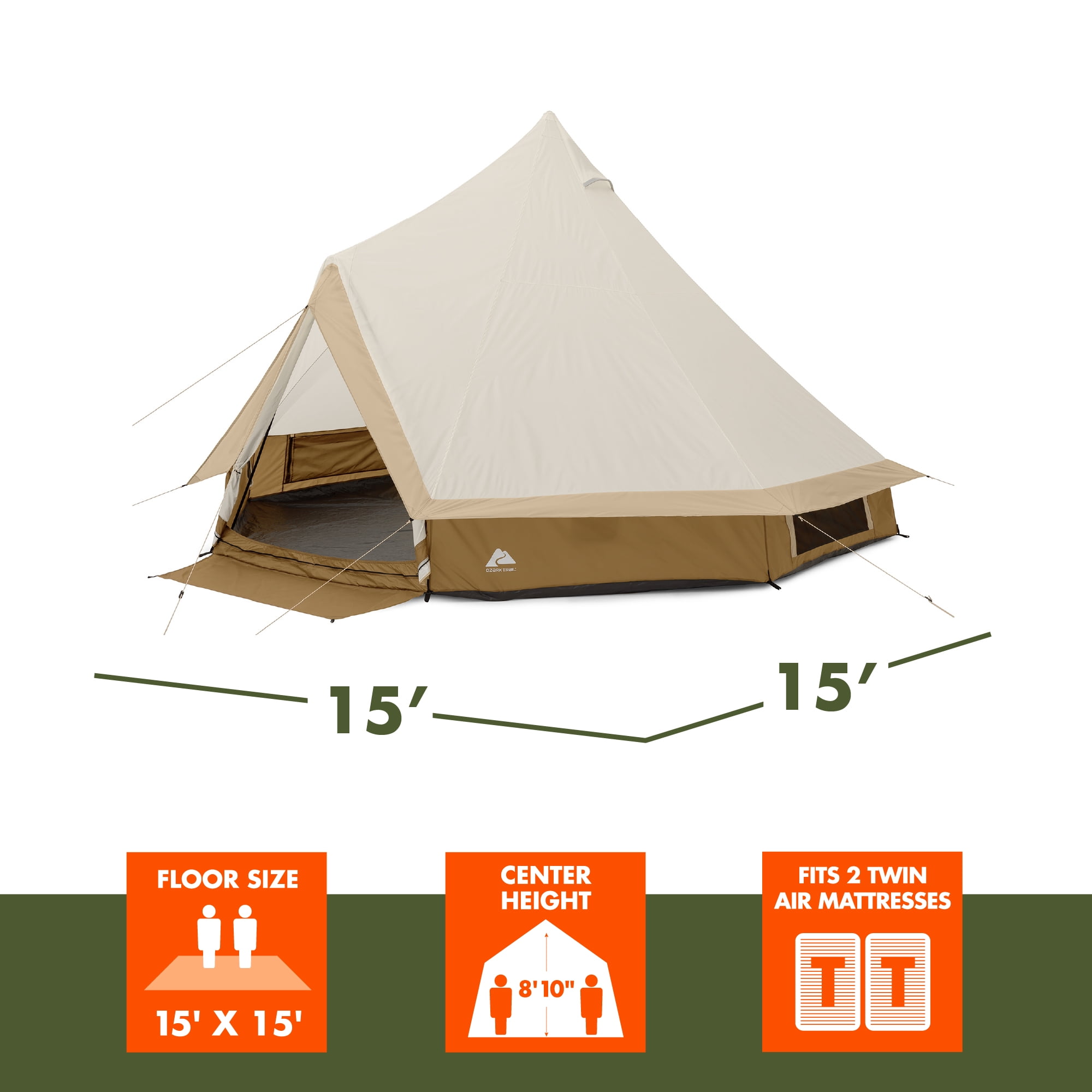 Ozark Trail 15' x 15' 8-Person Bell Tent with String Lights, 22.57 lbs - Image 7