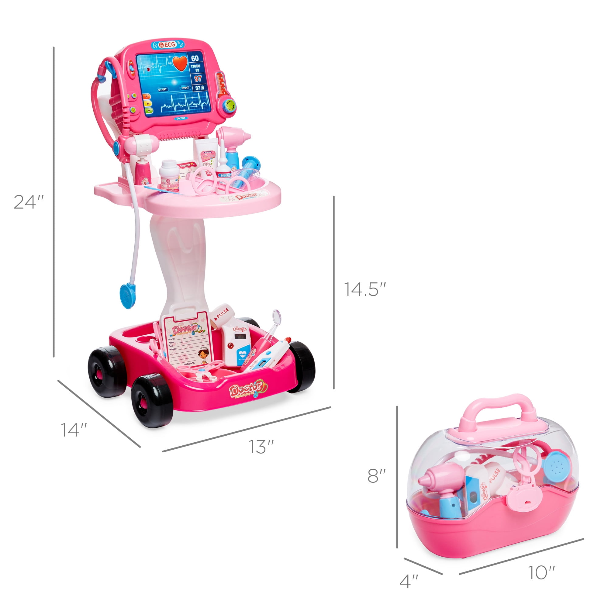 Best Choice Products Play Doctor Kit for Kids, Pretend Medical Station Set with Carrying Case, Mobile Cart - Pink - Image 7