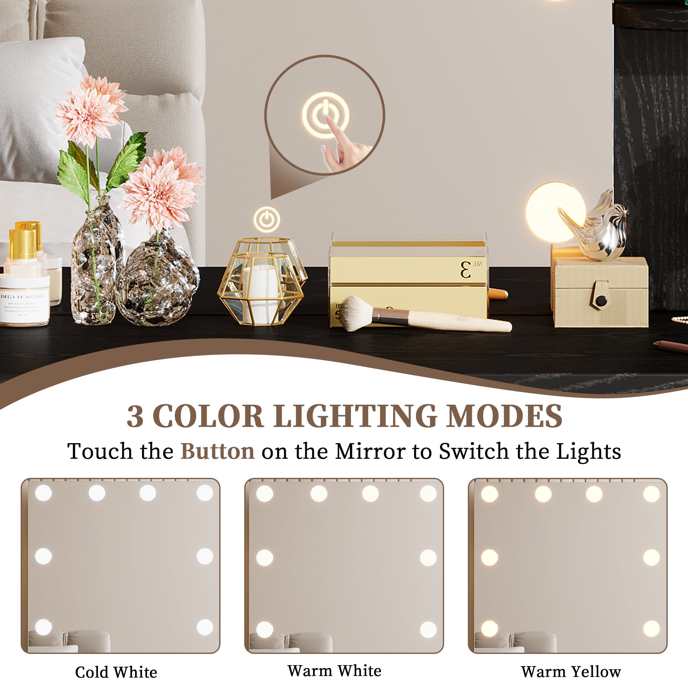 Vanity Set with Mirror, UHOMEPRO Lighted Makeup Vanity Desk with 5 Drawers, 3 Storage Shelves, Hair Dryer Rack, and Cushioned Stool, Modern Makeup Desk Dressing Table for Girls Bedroom, Black - Image 4