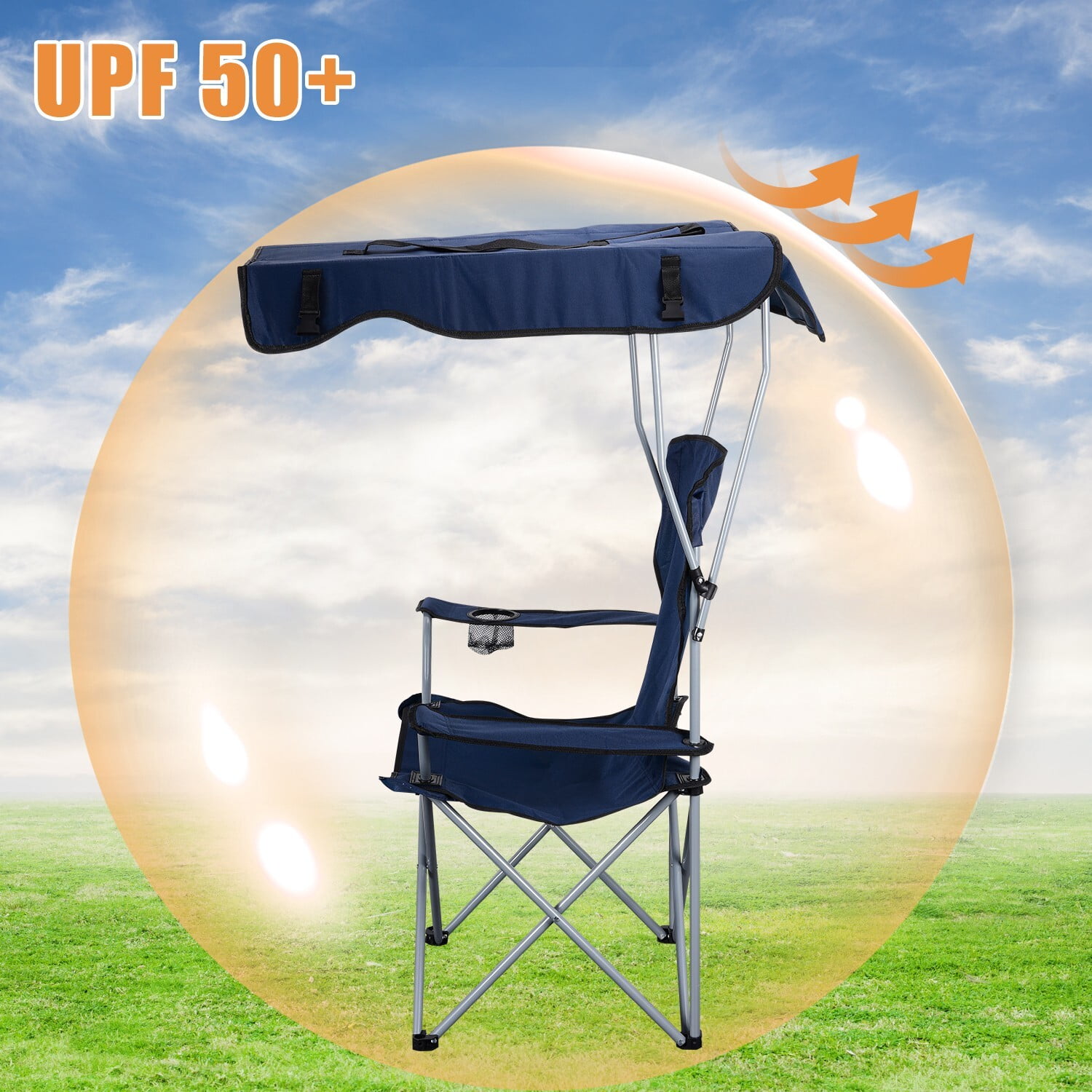 Camping Chair with Shade, Foldable Shade Beach Chair with Cup Holder for Outdoor, Camping, Beach and Patio (Blue) - Image 7