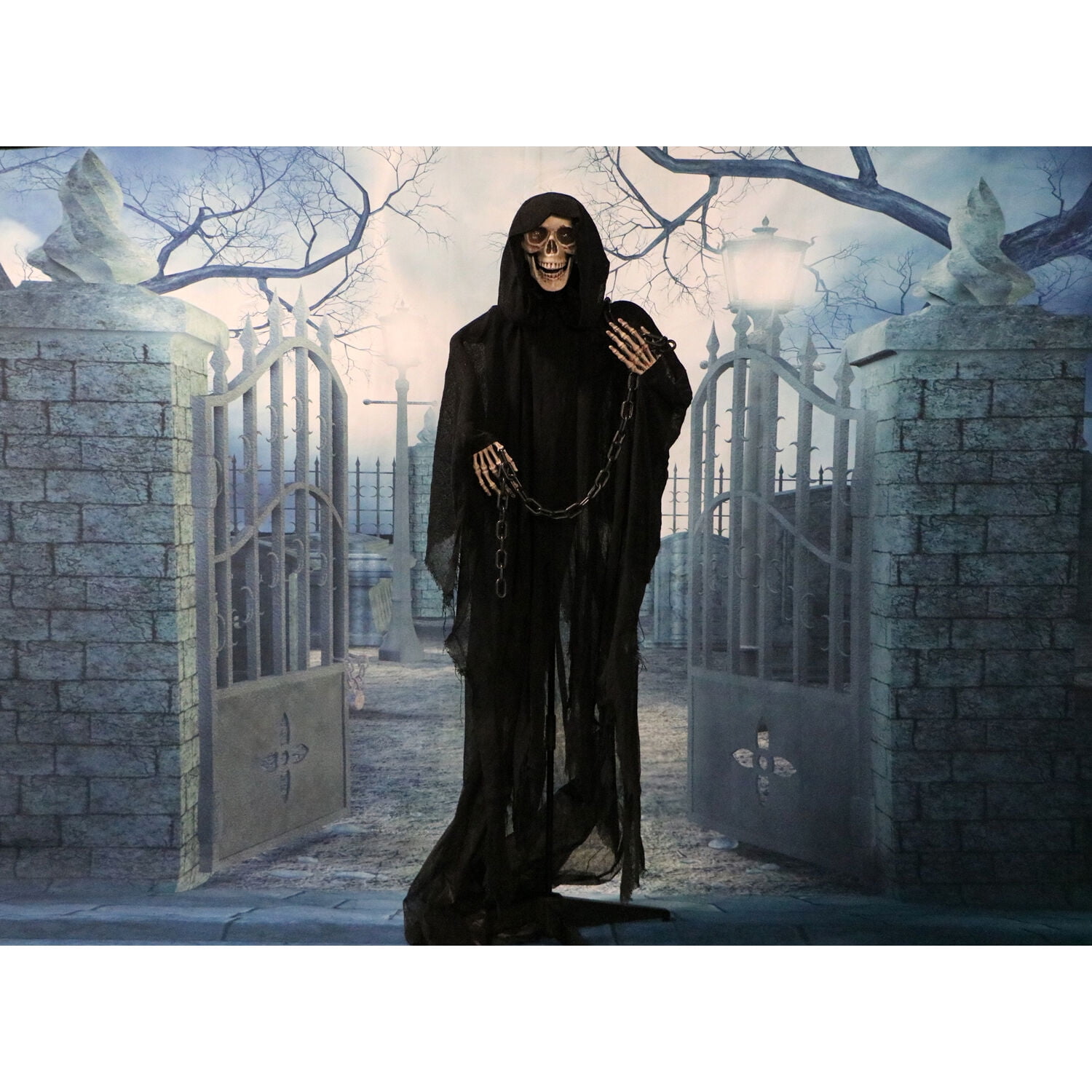 Haunted Hill Farm 5 ft Life-Size Animated Grim Reaper Prop w/ Chain and Rotating Head for Indoor or Outdoor Halloween Decoration, Battery-Operated - Image 7