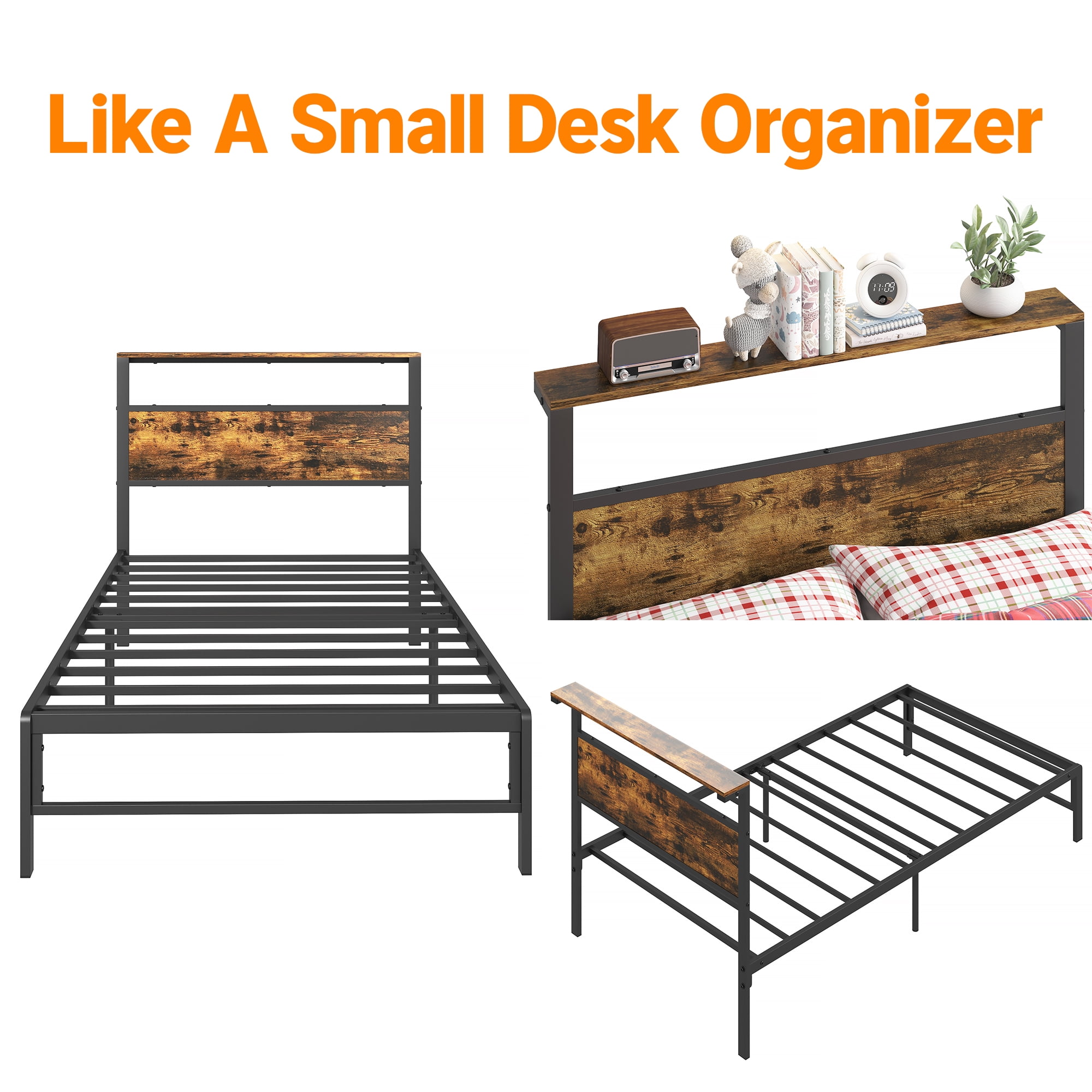 Yoneston Kids Twin Size Metal Platform Bed Frame with Storage Headboard, 12" Mattress Foundation for Childs Adults, Caramel Brown - Image 3