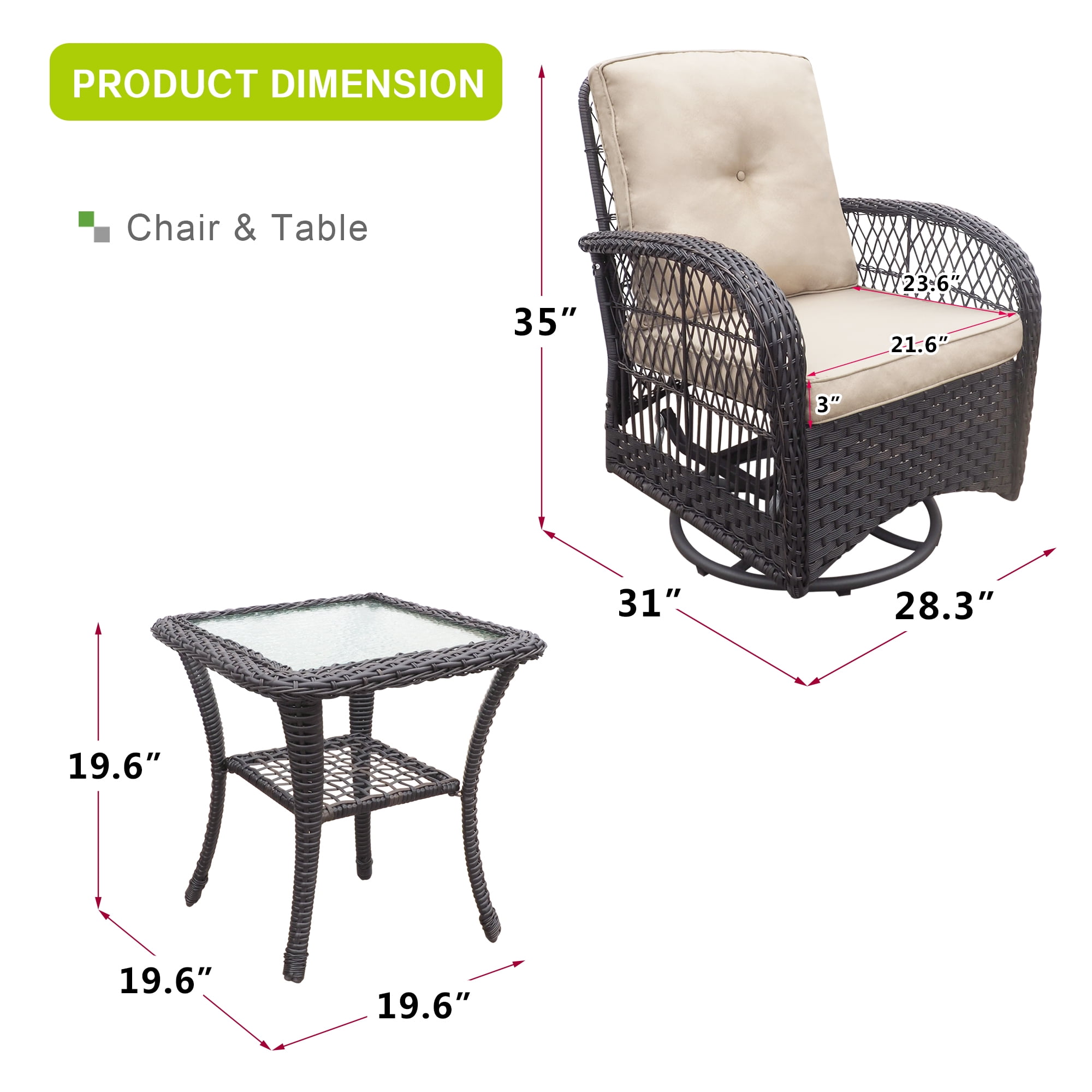ATR ART TO REAL Outdoor Rocker Chair Bistro Set with Cushions, Khaki - Image 3
