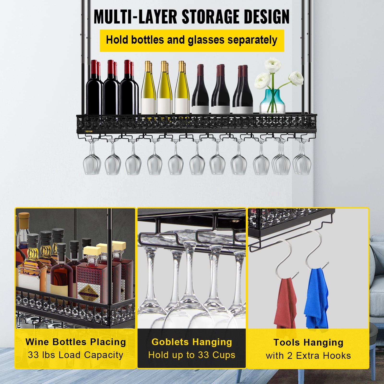 VEVOR Ceiling Wine Glass Rack, 46.9 x 13 inch Hanging Wine Glass Rack, 18.9-35.8 inch Height Adjustable Hanging Wine Rack Cabinet, Black Wall-Mounted Wine Glass Rack Perfect for Bar Cafe Kitchen - Image 7