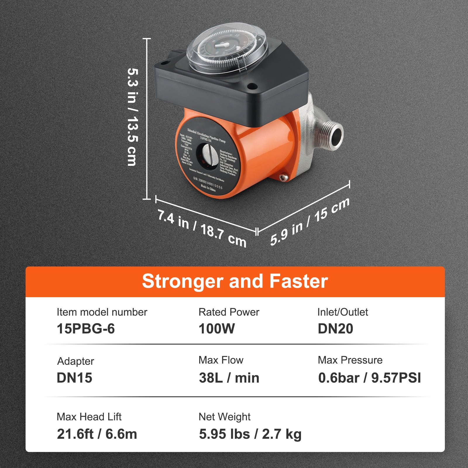 VEVOR Hot Water Recirculating Pump, Circulation Pump, 100W 110V DN20 Inlet/Outlet DN15 Adapter for Water Heater System - Image 4