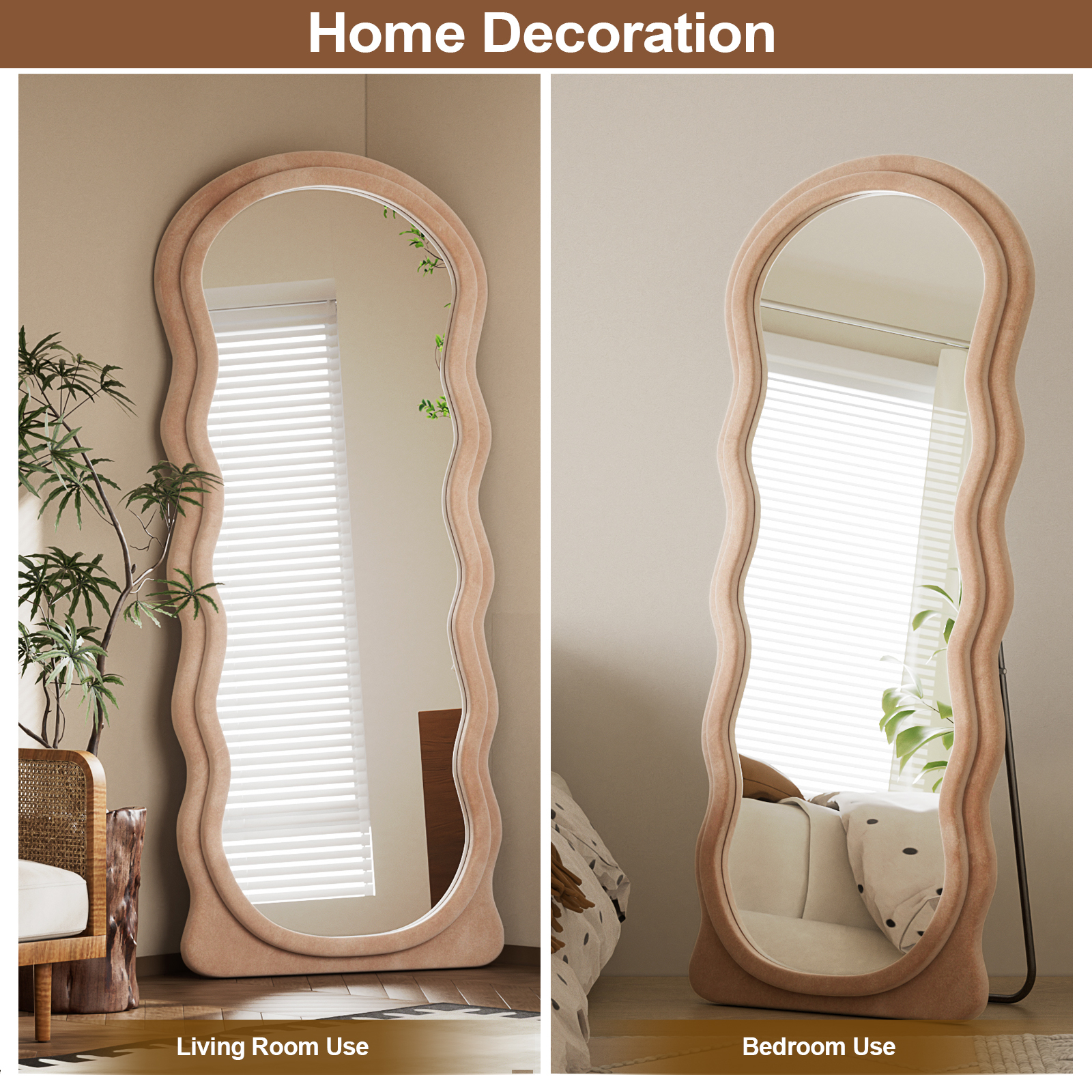 Anyrose 63"x24" Irregular Wavy Mirror Full Length Mirror With Flannel Frame, Light Brown - Image 4