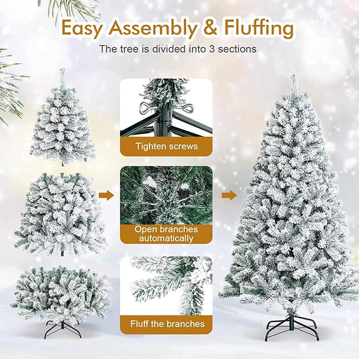 HONGGE 6ft Snow Flocked Christmas Tree Premium Artificial White Christmas Tree with 1000 Branch Snow Tips and Metal Stand Fake Xmas Tree for Home Office Party Christmas Decorations (6ft White) - Image 6