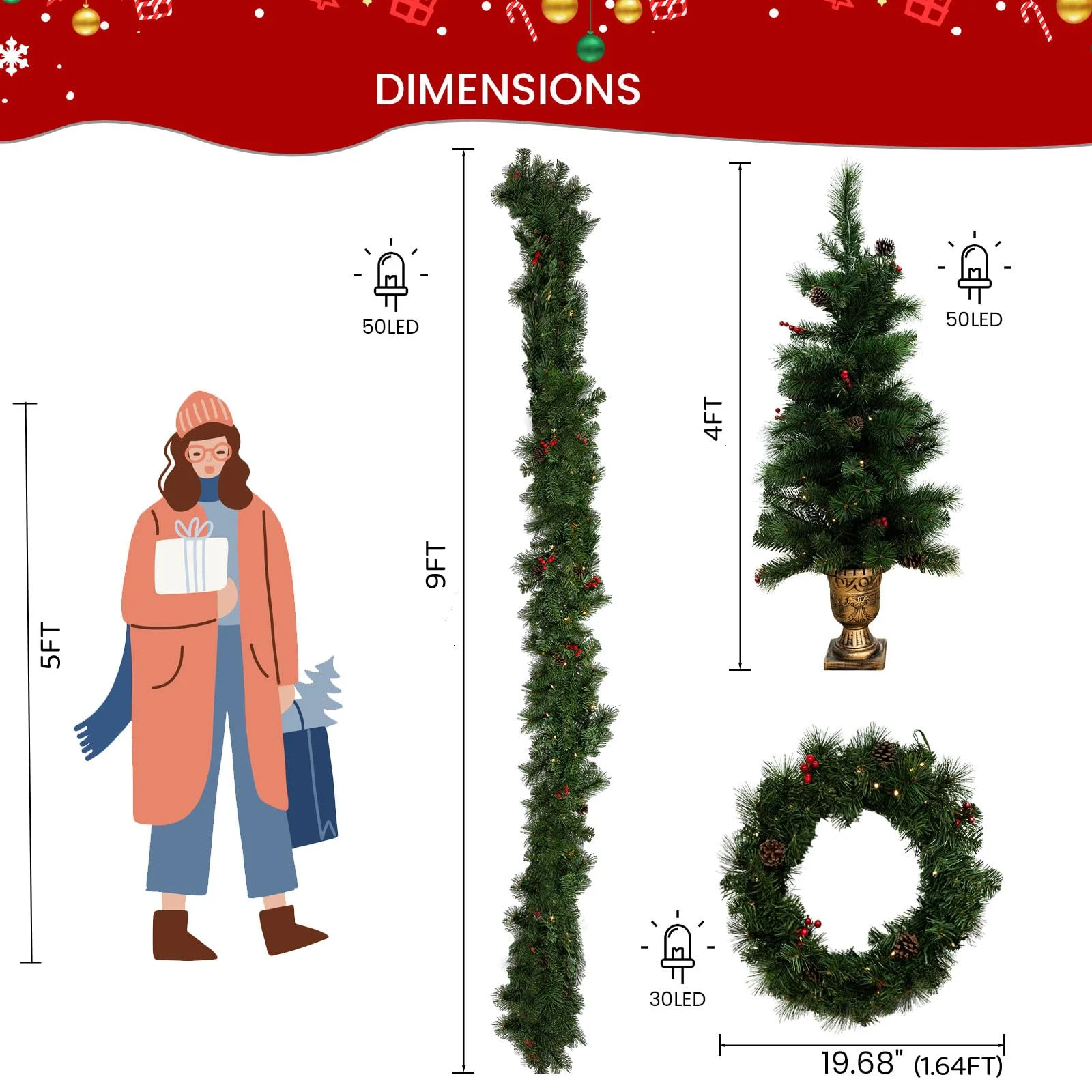 AWQM 4-Piece Christmas Decoration Set, Pre-lit Artificial Christmas Tree Garland Wreath 4FT Xmas Trees 4-Piece Set, Outdoor Christmas Tree for Porch, Entrance, Holiday Decor - Image 9
