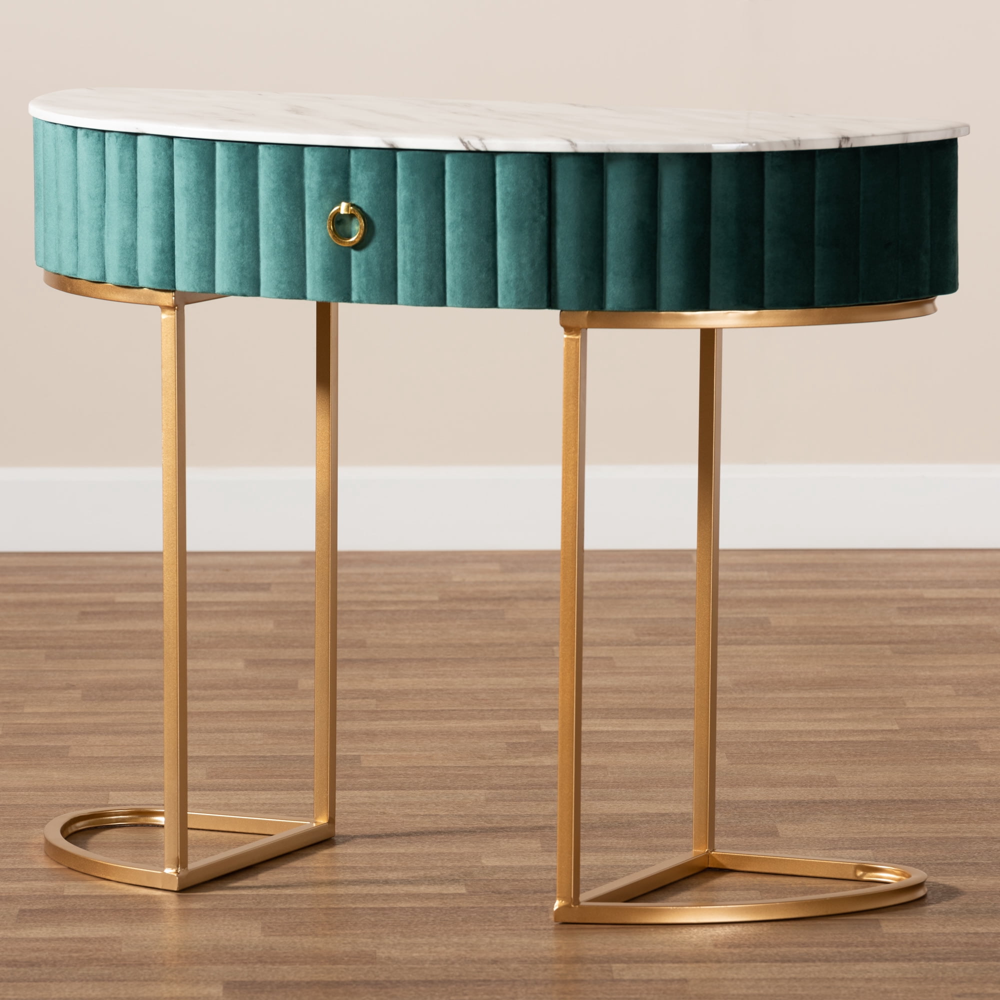 Baxton Studio Beale Luxe and Glam Green Velvet Upholstered and Brushed Gold Finished 1-Drawer Console Table with Faux Marble Tabletop - Image 5