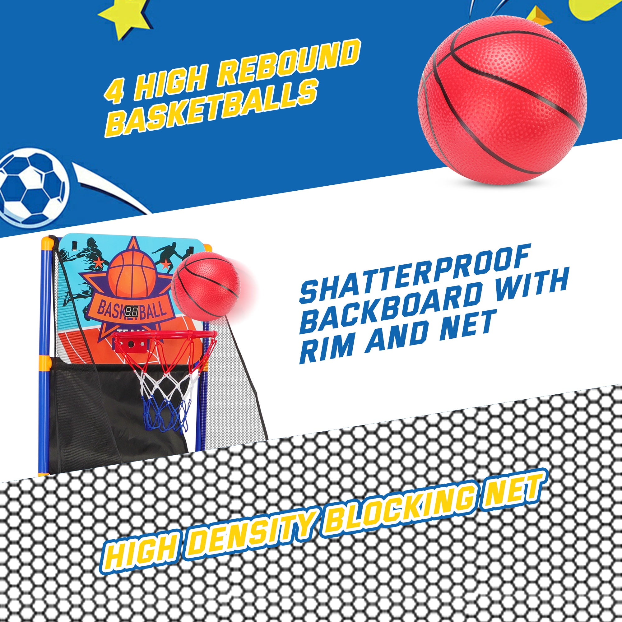 3 in-1 Kids Arcade Basketball Game & Hockey & Soccer, With 4 Basketball Balls, Football, Hockey, Hockey Stick, Pump, Electronic Scoreboard Sound for Toddlers, Basketball Goal for Kids Boys Girls - Image 5