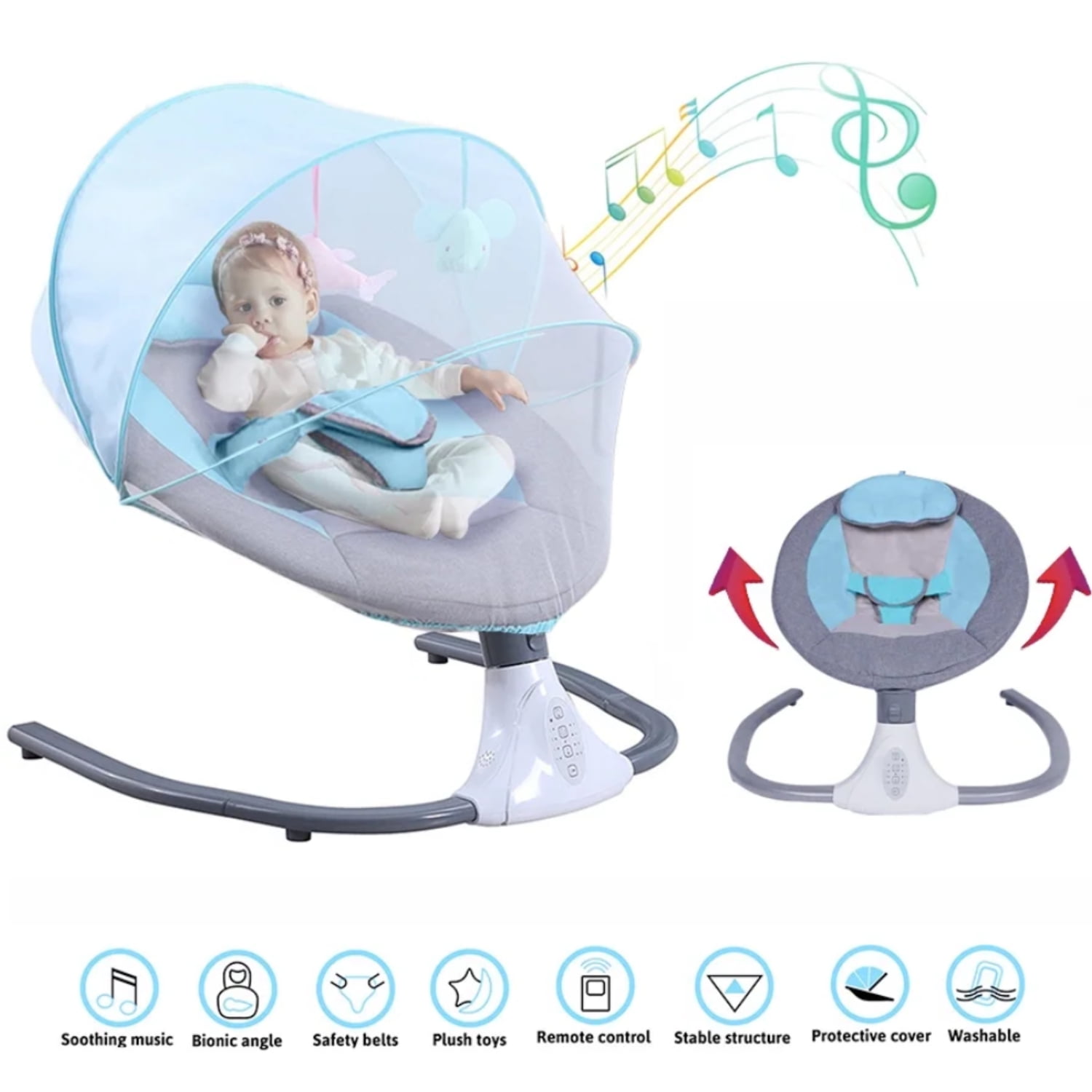 BEJOLO Electric Baby Swing for Infants, Portable Baby Bouncer with Remote Control,bluetooth Music, Blue - Image 6