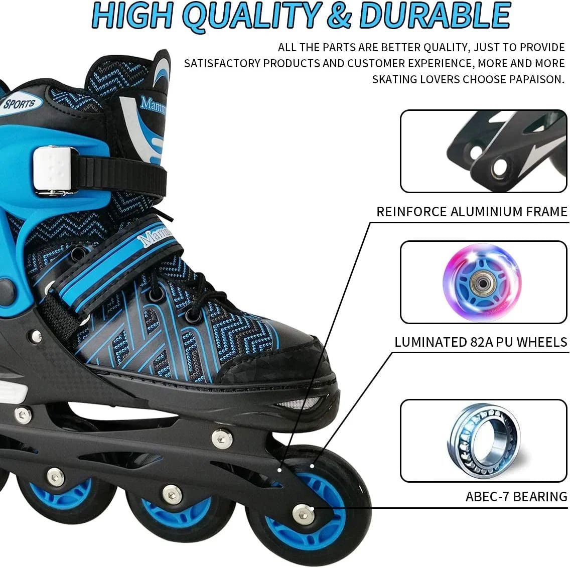 SubSun Boys Inline Skates for Kids Girls with Light Wheels Adjustable Blue Medium(US 1-4) - Image 3
