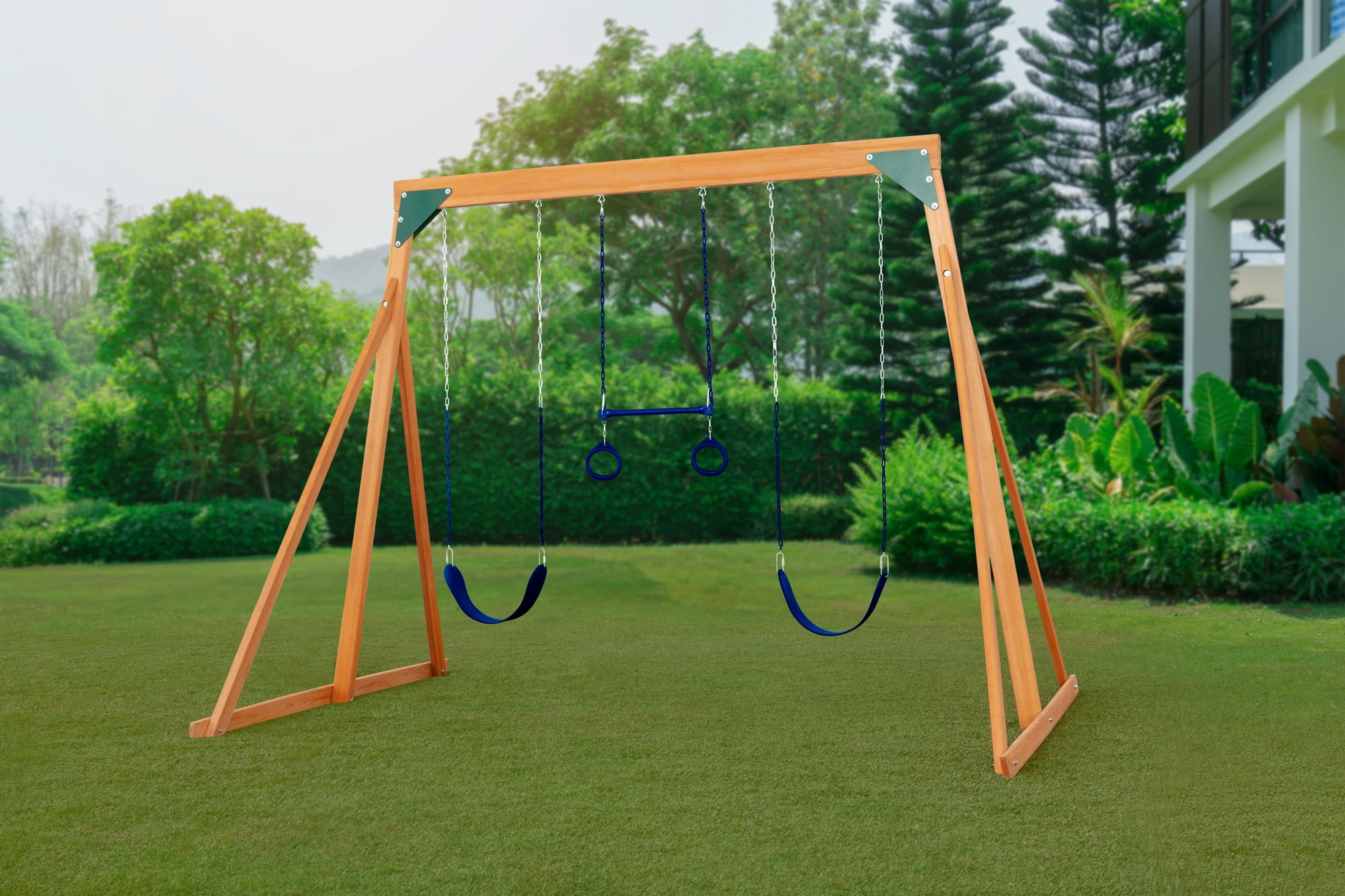 Trailside Cedar Swingset with Belt Swings and Trapeze Bar, All Wood, Hardware, and Assembly Instructions Included - Image 5