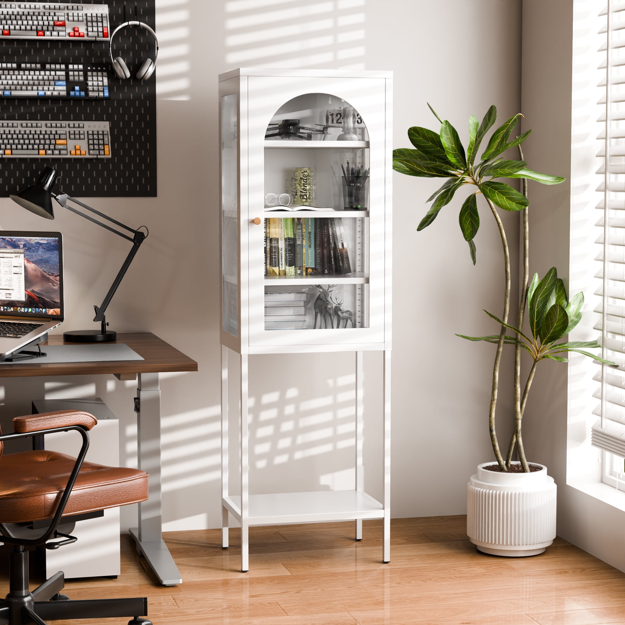 Aobabo Metal File Cabinet, White Display Glass Storage Cabinet with Glass Doors and 3 Shelves, Tall Bookcase Modern Bookshelf Cabinet for Home Office, Living Room, Pantry (Single Glass Door) - Image 5