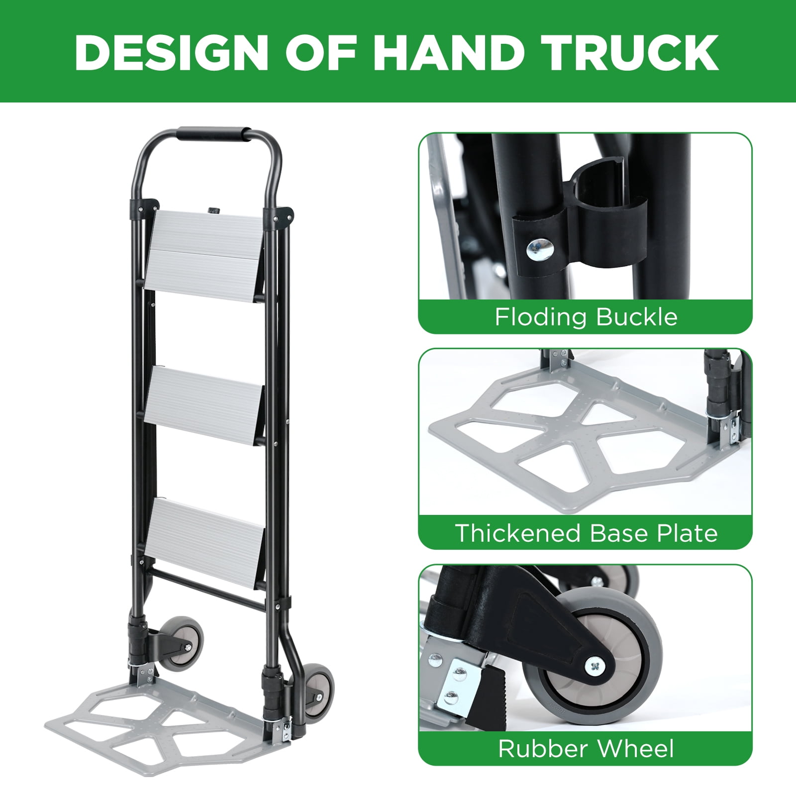 2 in 1 Step Ladder & Hand Truck,Aluminum 3 Step Stool,Folding Ladder with Anti-Slip Pedal,Heavy Duty Dolly Cart, Utility Platform Cart with Wheels - Image 6