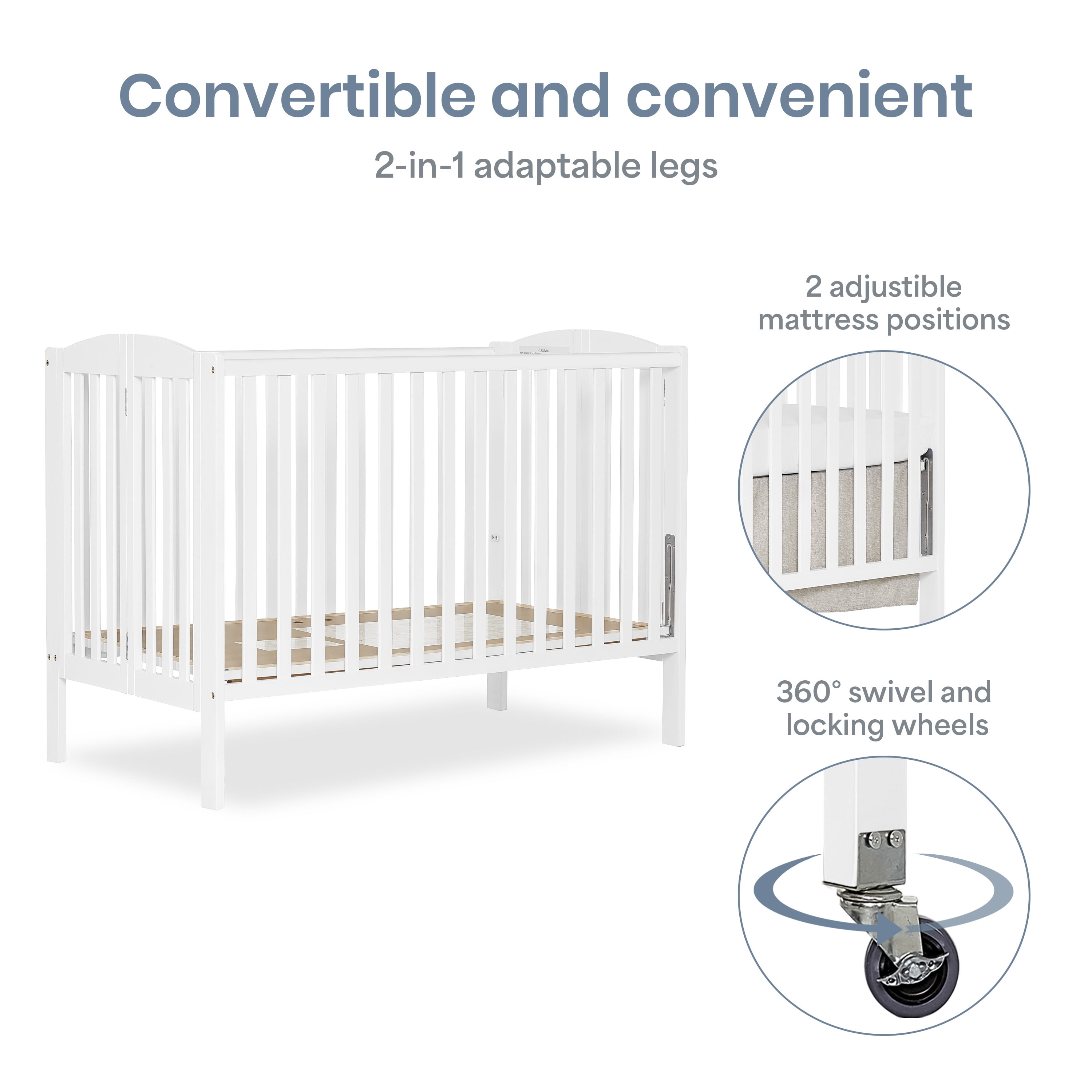 Dream On Me Folding Full Size Convenience Crib in White, Comes With Heavy Duty Locking Wheels - Image 5