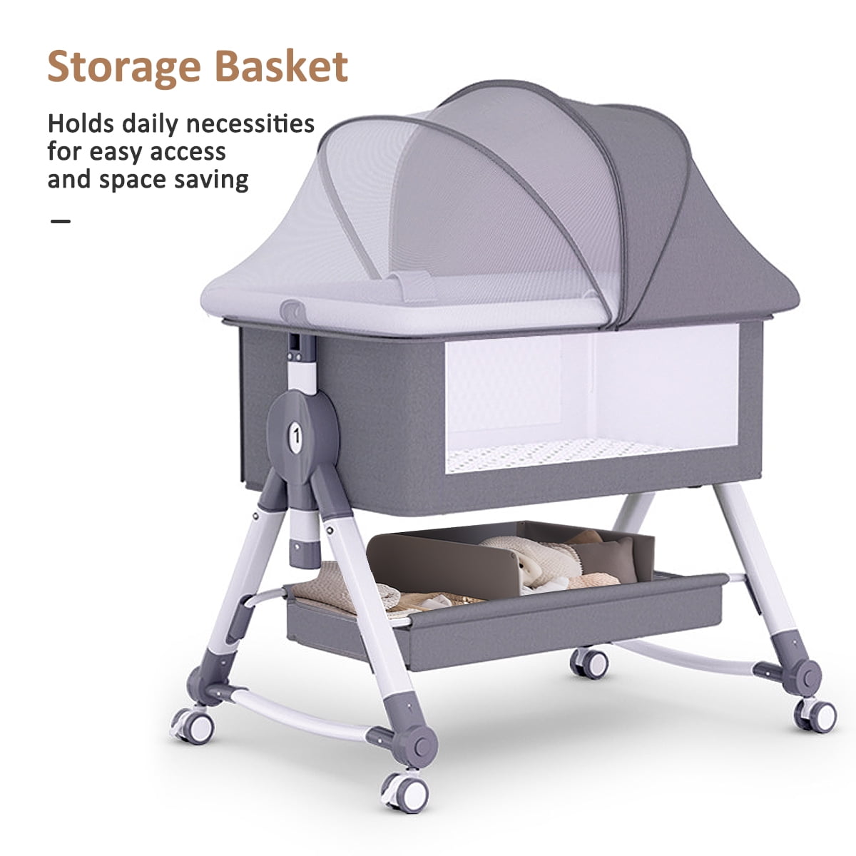 BEJOLO 5-in-1 Baby Bassinet, Adjustable Height Infant Bedside Crib with Diaper Table, 0-24 Months, Gray - Image 4