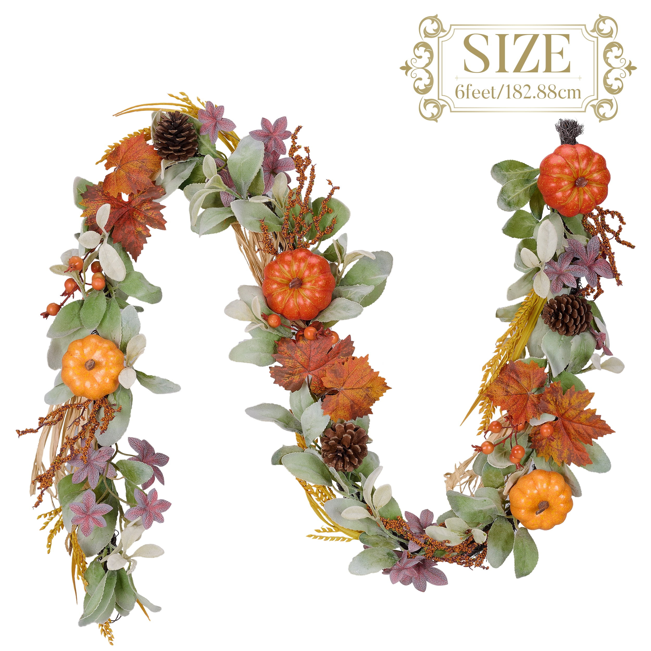 Valery Madelyn 6 ft Pre-Lit Fall Garland Lighted Thanksgiving Garland with Orange Pumpkin & Maple Leaf & Wheat for Fireplace Farmhouse Front Door Indoor Swing Frames - Image 3