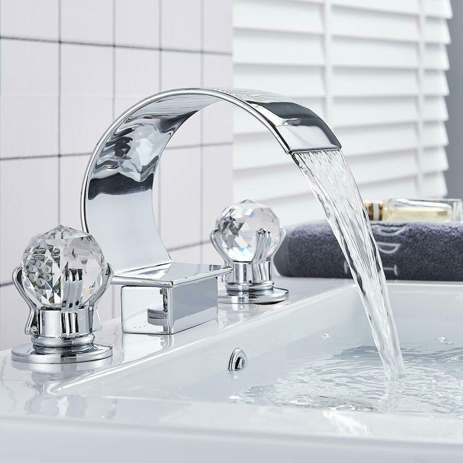 Widespread Bathroom Basin Faucet Crystal Handle Sink Mixer Tap Chrome Finish - Image 9