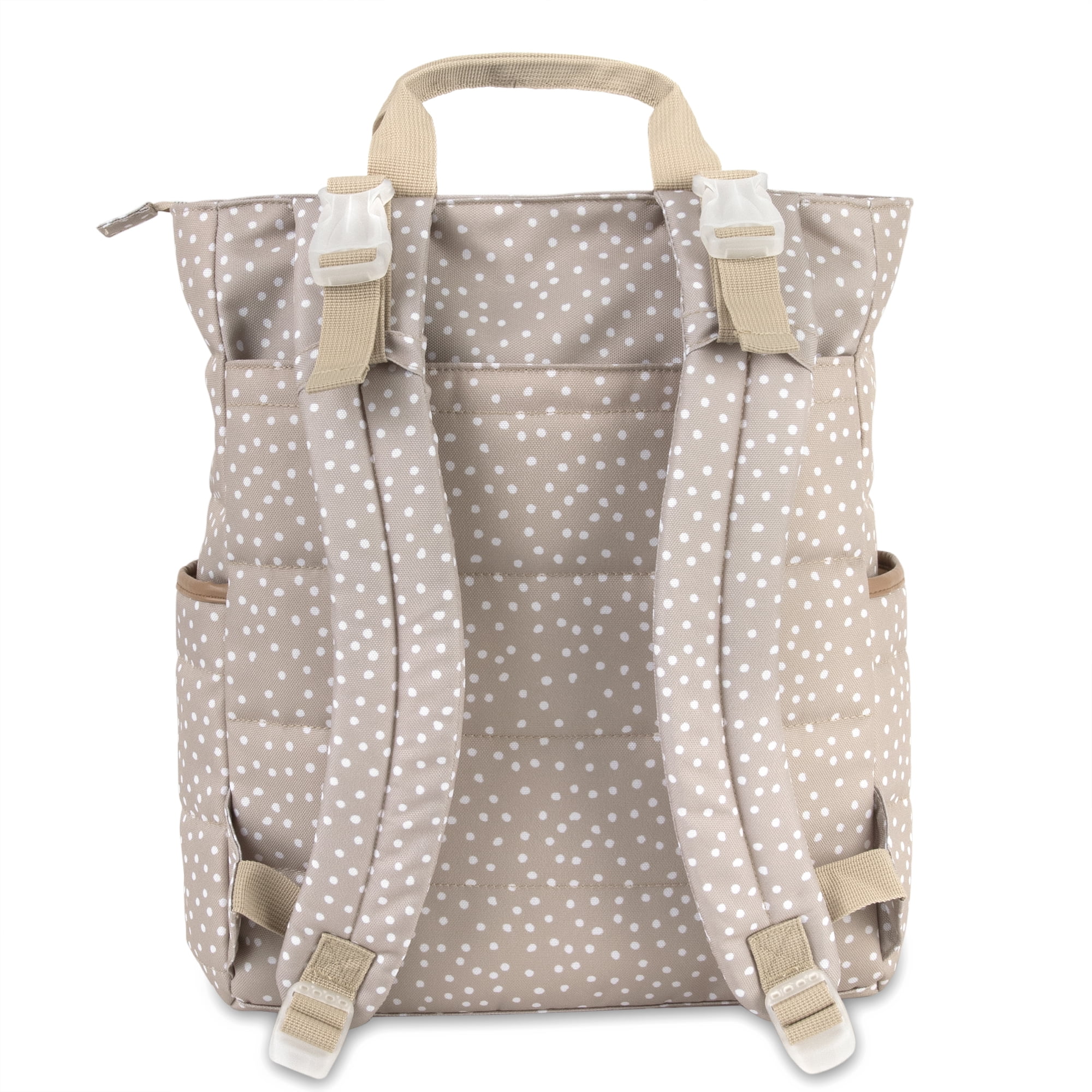 Jessica Simpson Taupe Line Quilted Multi-Pocket Fashion Diaper Bag Tote and Backpack in Dots with Magnetic Front Baby Wipe Pocket, Matching 3-Ply Folding Baby Changing Pad - Image 4