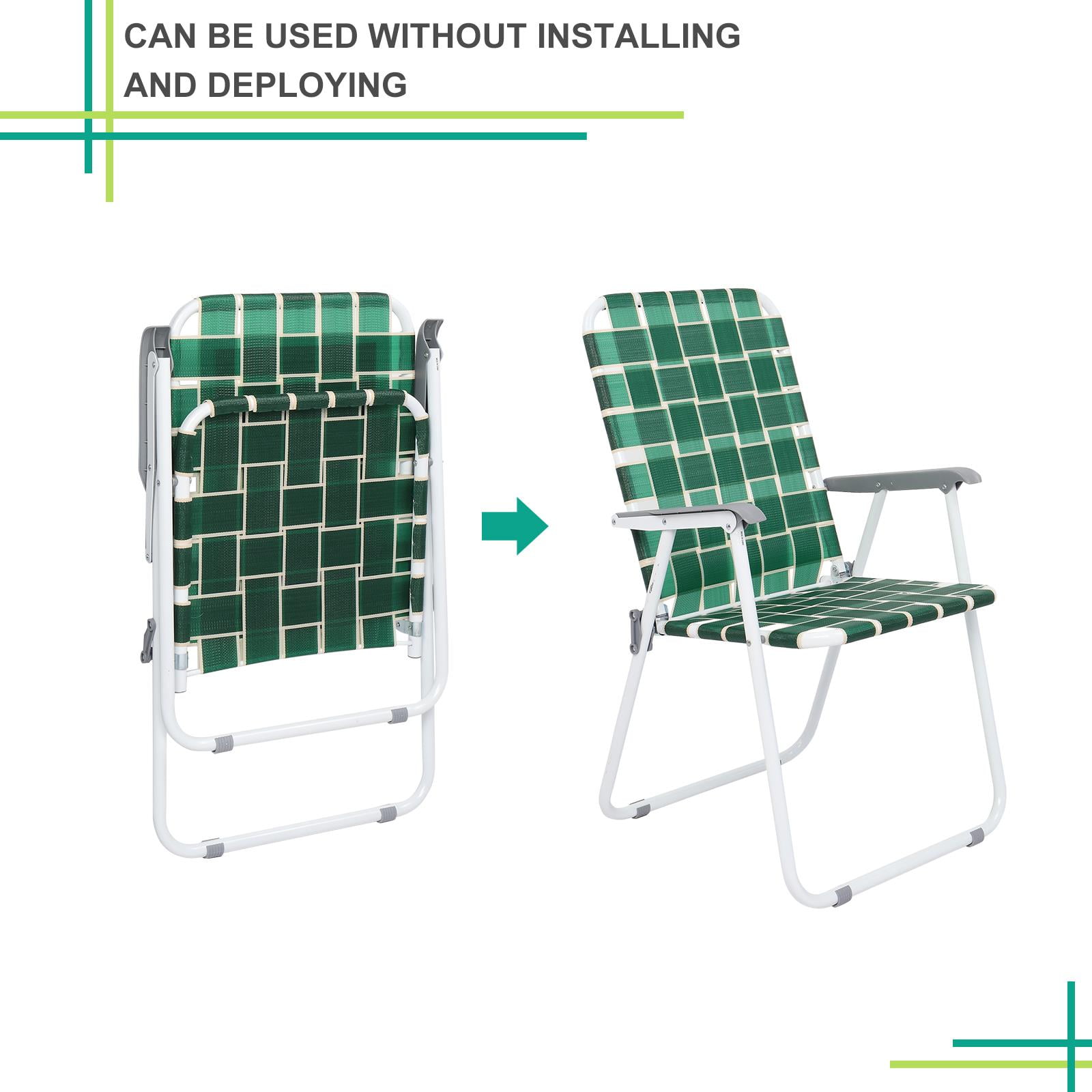 UBesGoo Folding Web Lawn Chair Set, 2 Pack Outdoor Beach Chair Portable Camping Chair(Dark Green) - Image 5