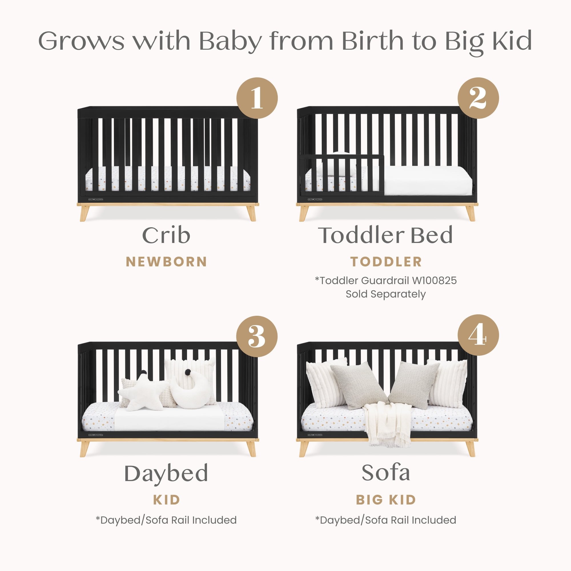 Delta Children Frankie 4-in-1 Convertible Crib - Greenguard Gold Certified, Black with Natural - Image 7