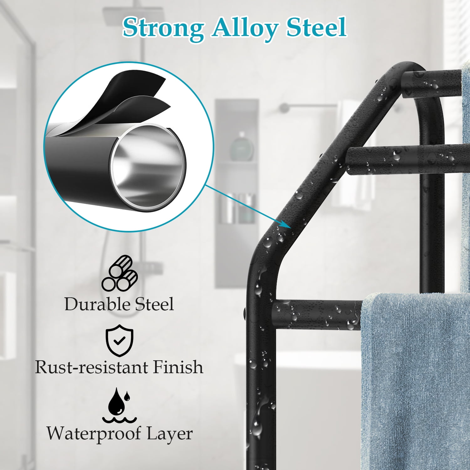 Untyo Metal 3 Tiers Free-Standing Towel Rack, Adjustable Bathroom Storage Organizer Shelf, Bath Towel Standing Shelf for Swimming Pool, Black - Image 6