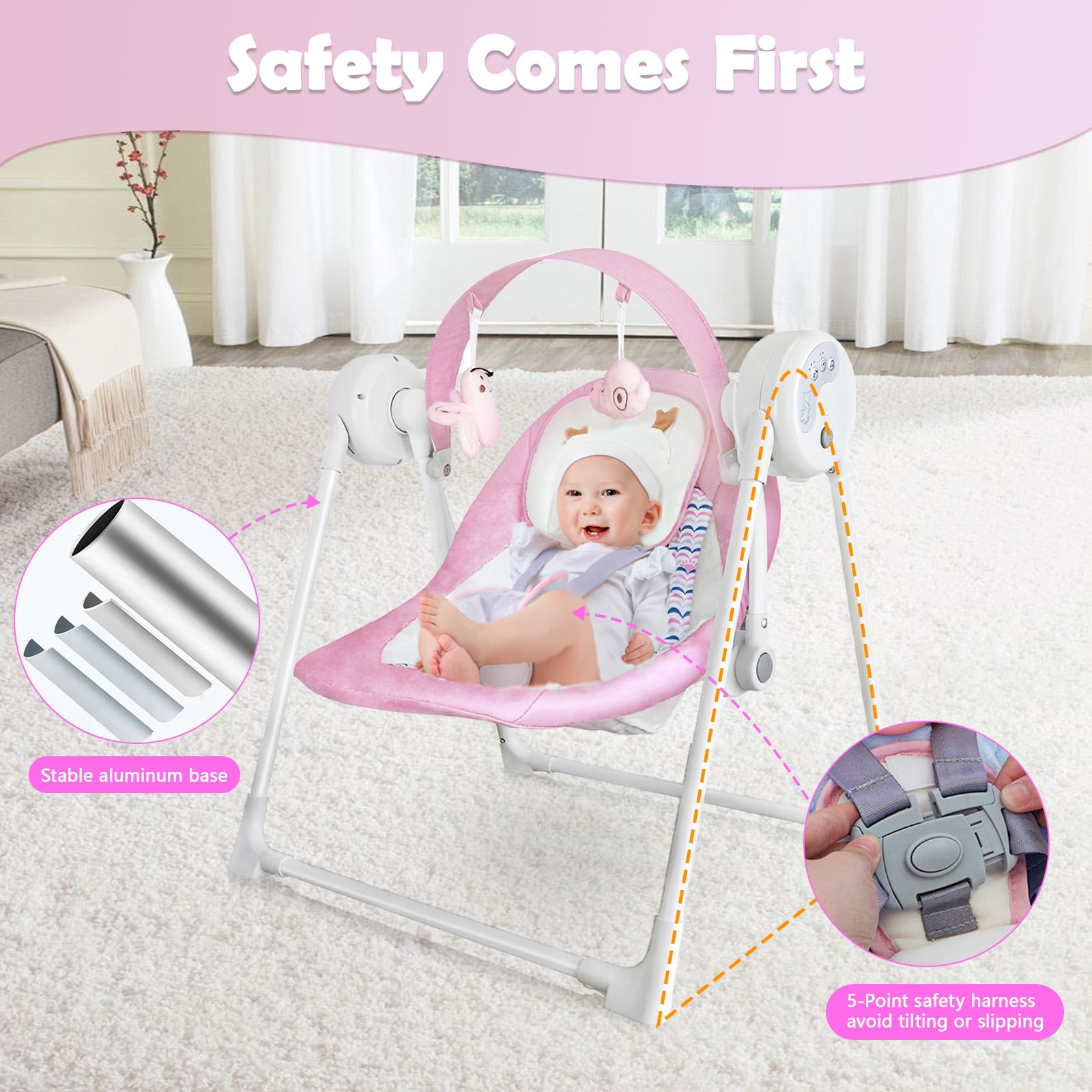 Yadala Baby Swing, Foldable Baby Swing for Infants with 5 Speed, 12 Music, 0-12 Months, Pink - Image 7