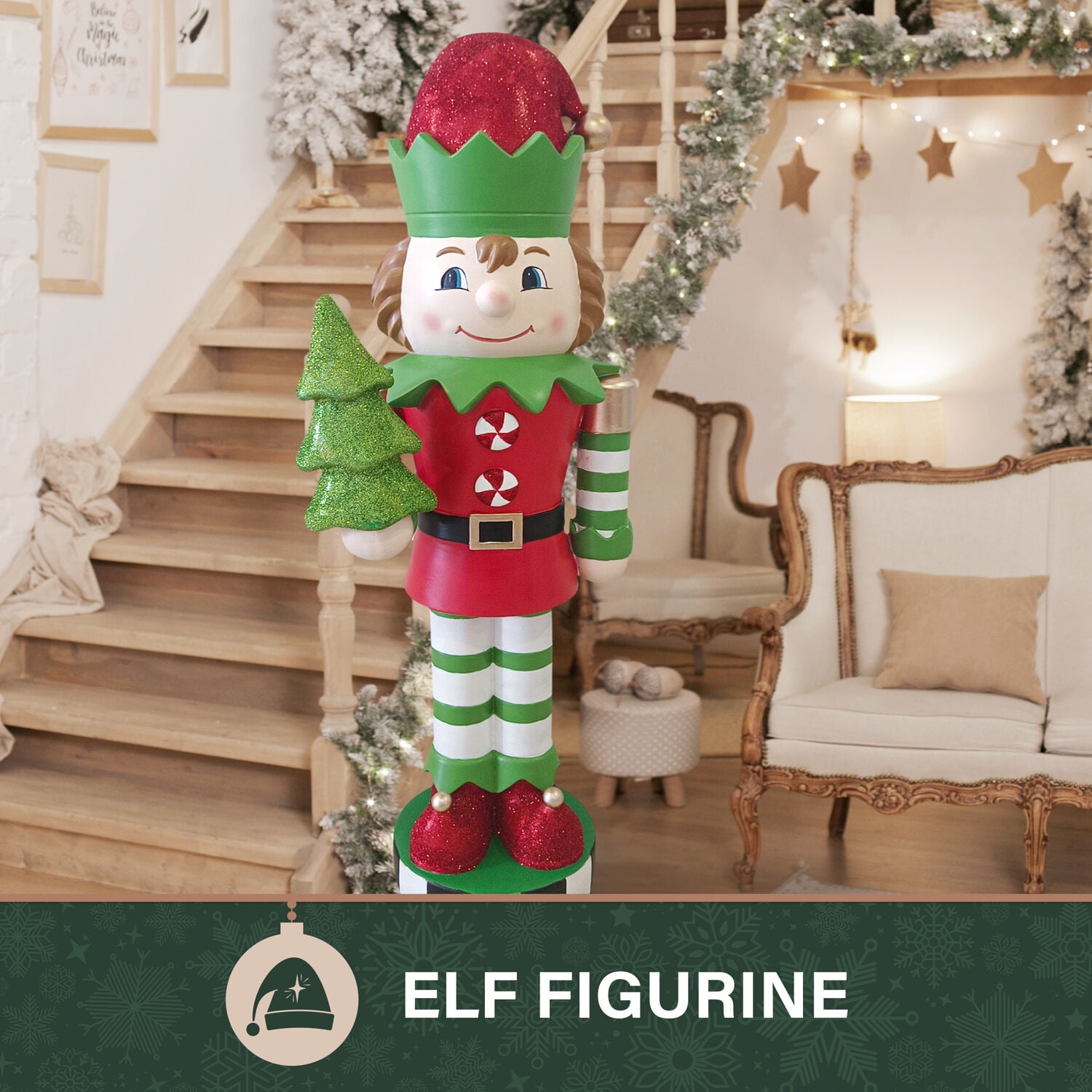 Fraser Hill Farm 48-inch African American Elf Nutcracker Figurine Holding Tree in Red/Green, FFMG048-0ELF-MLTAA - Image 6